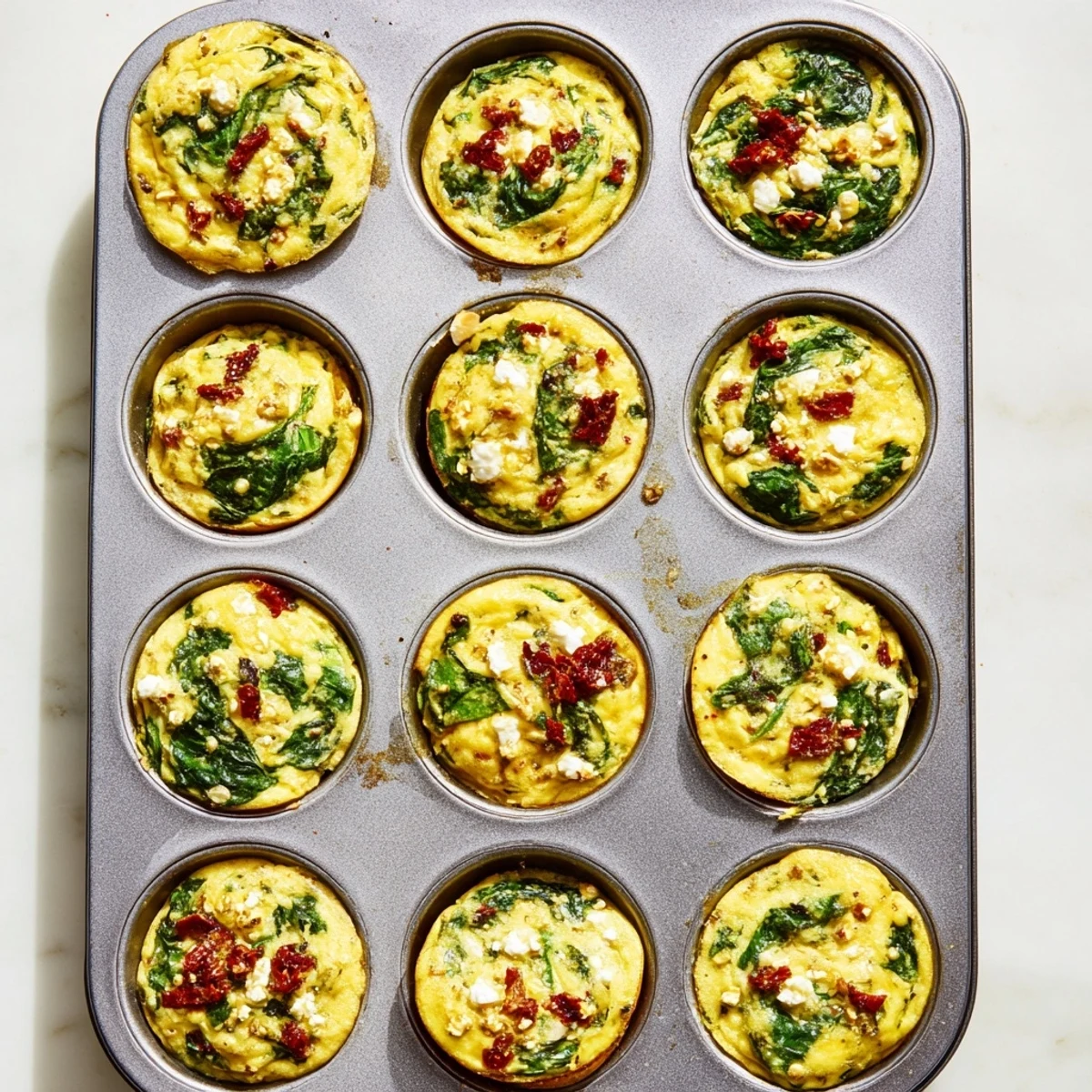 Healthy spinach feta and sun dried tomato egg muffin cups ready for meal prep breakfast