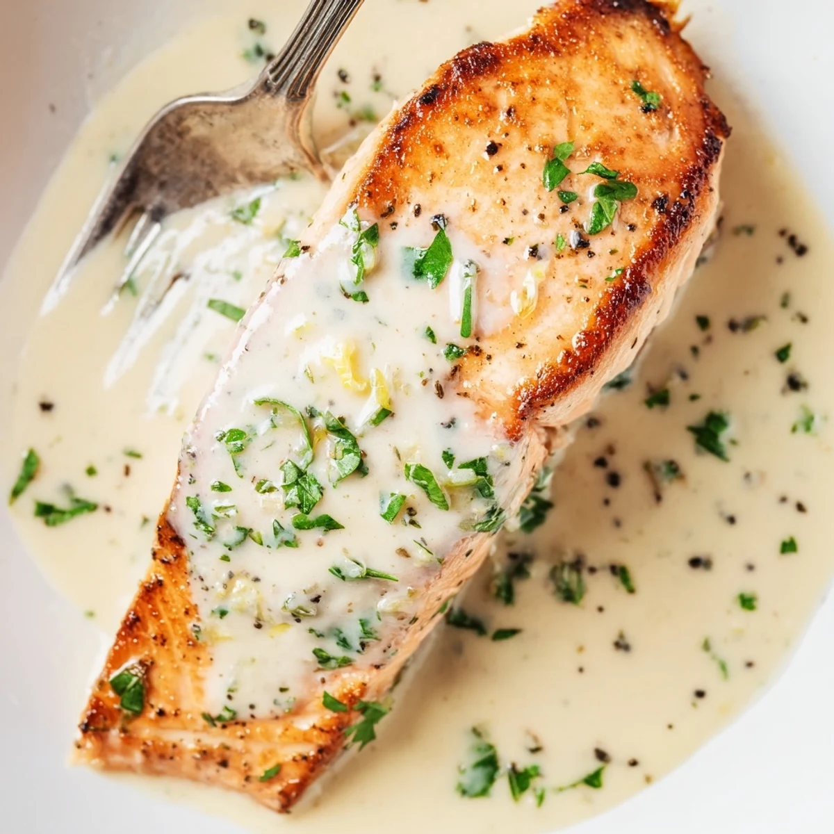 Golden pan-seared salmon fillet drizzled with creamy lemon garlic sauce on white plate