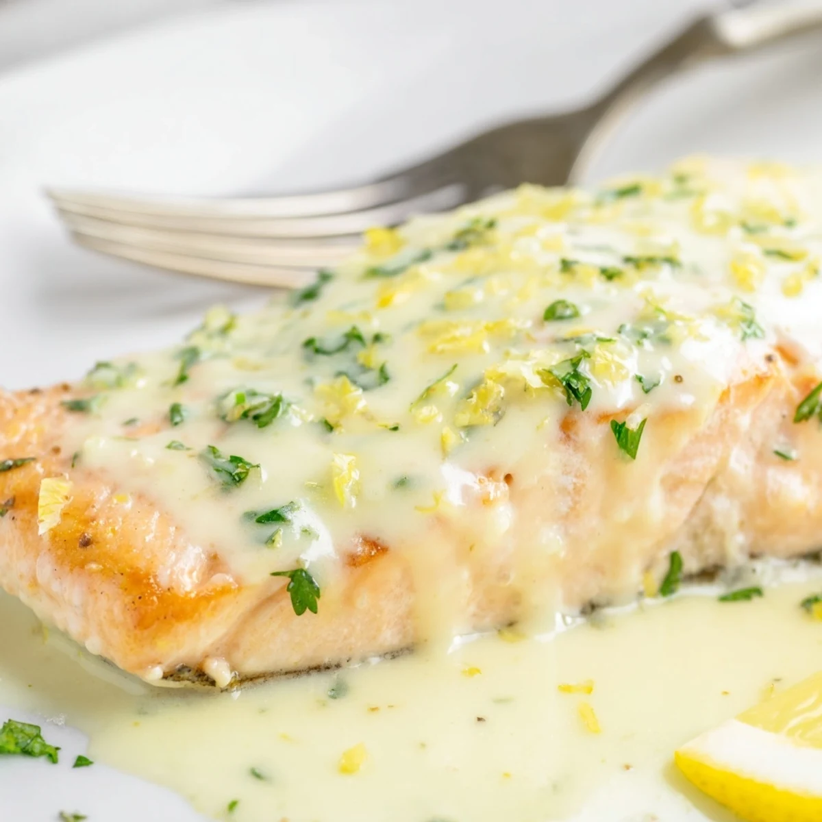 Cooked salmon fillet topped with rich tangy lemon cream sauce served elegantly for dinner