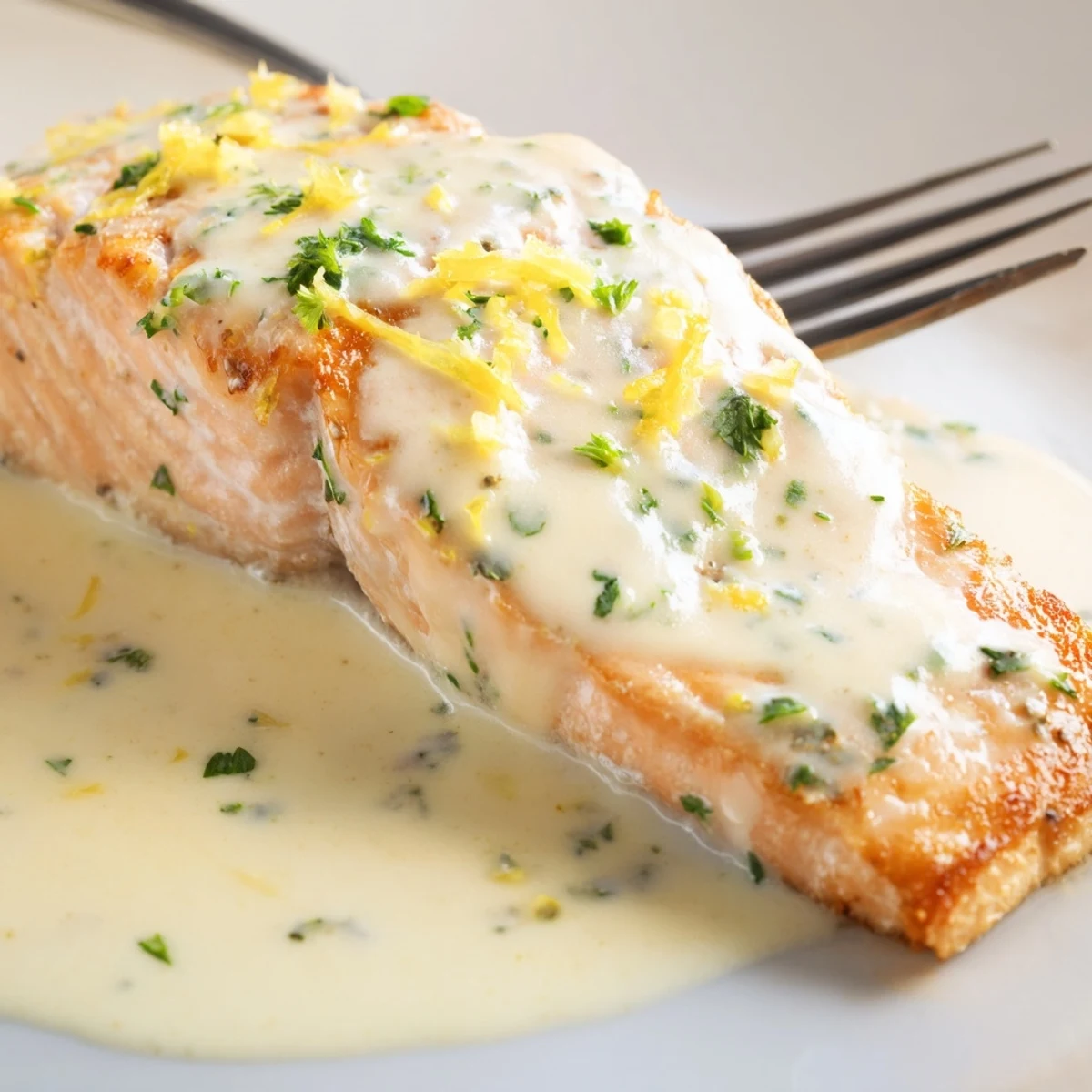 Tender salmon with lemon cream sauce garnished with fresh parsley and lemon wedges