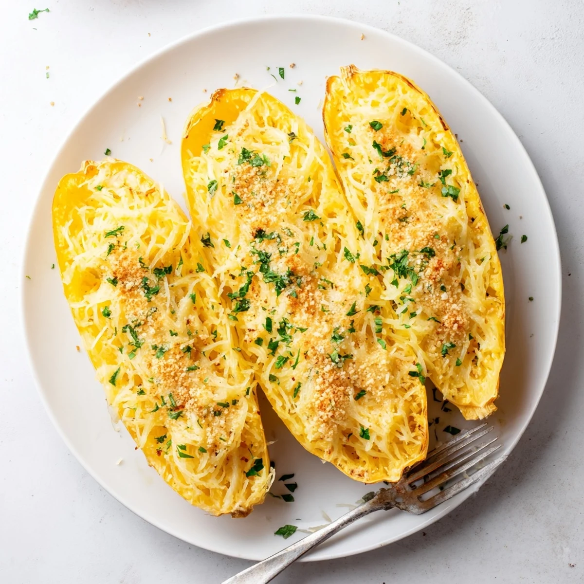 Golden baked spaghetti squash mac and cheese with melted cheddar and crispy breadcrumb topping