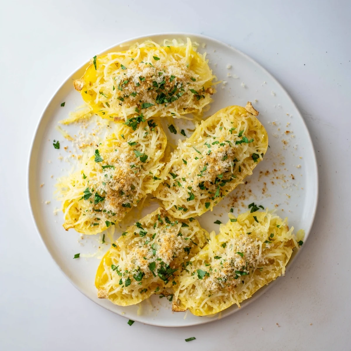 Creamy gluten-free spaghetti squash mac and cheese bubbling in a white baking dish with parsley garnish