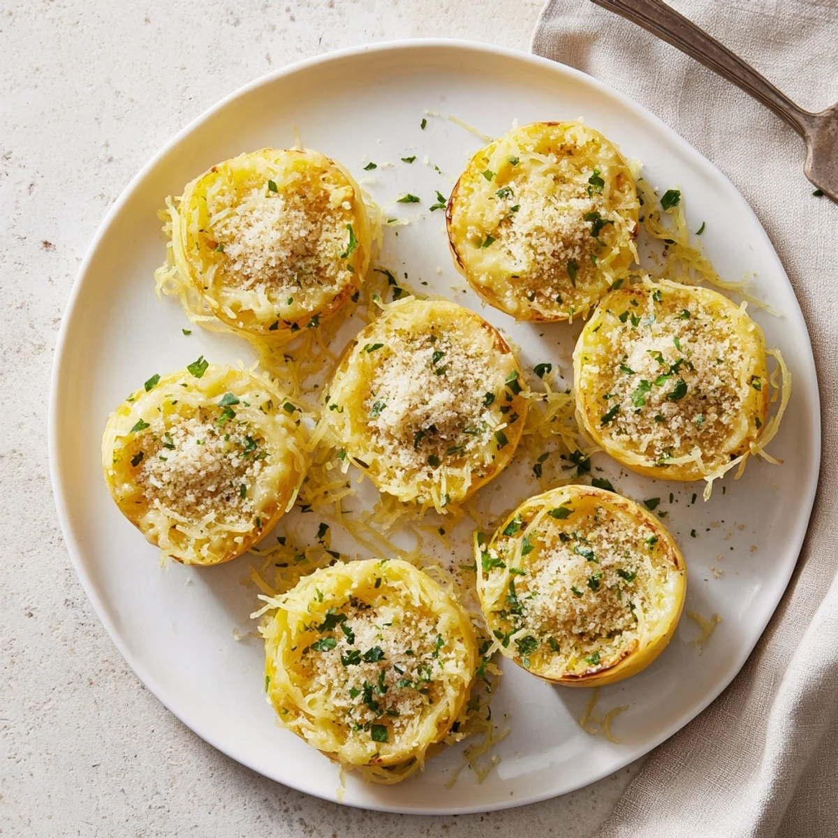 Tender roasted spaghetti squash strands tossed in rich cheese sauce and baked until golden brown