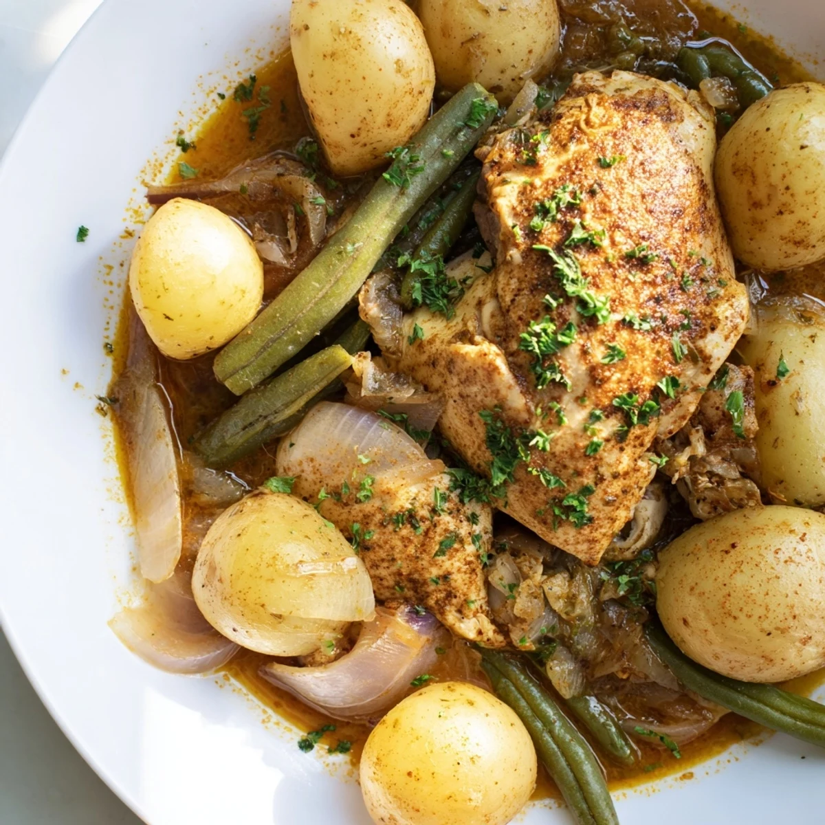 Golden slow cooker chicken and potatoes with green beans garnished with fresh parsley