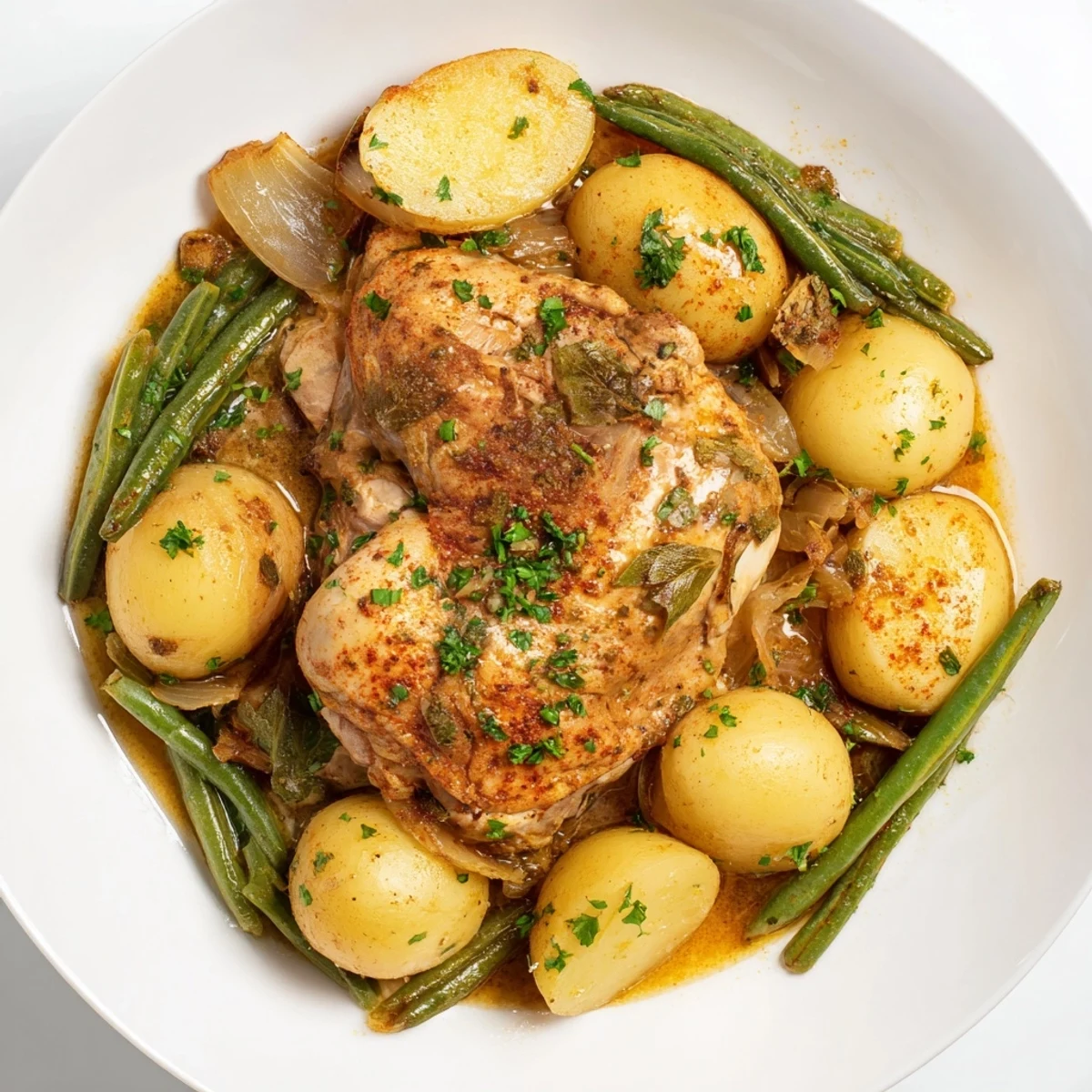 Hearty one-pot slow cooker meal featuring savory chicken thighs with vegetables and herbs