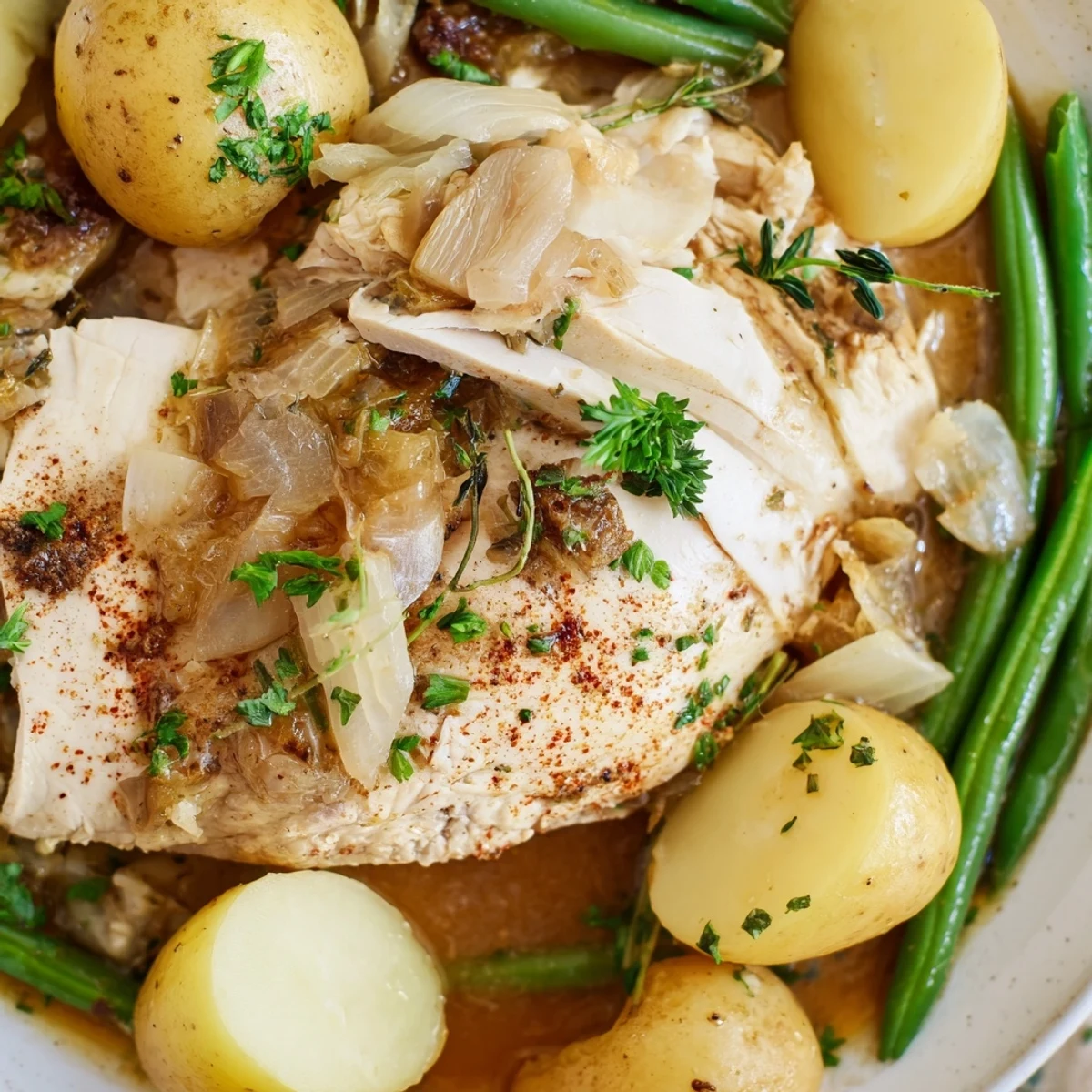 Tender chicken breasts nestled with baby potatoes and crisp green beans in a rich broth
