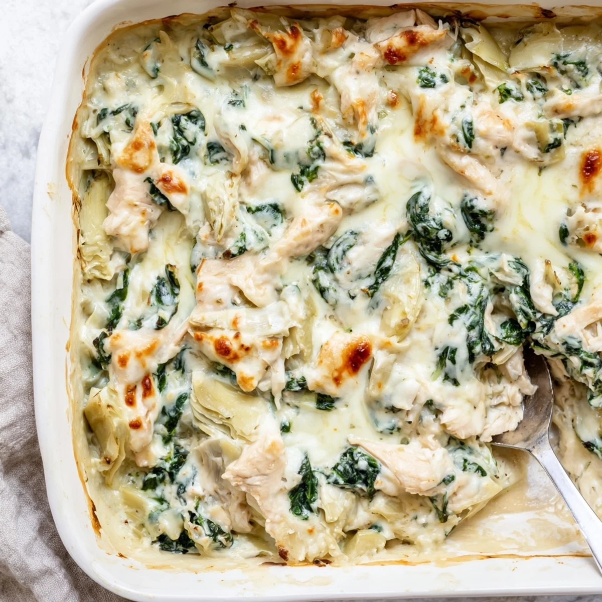 Golden bubbly Spinach Artichoke Chicken Casserole topped with melted mozzarella cheese