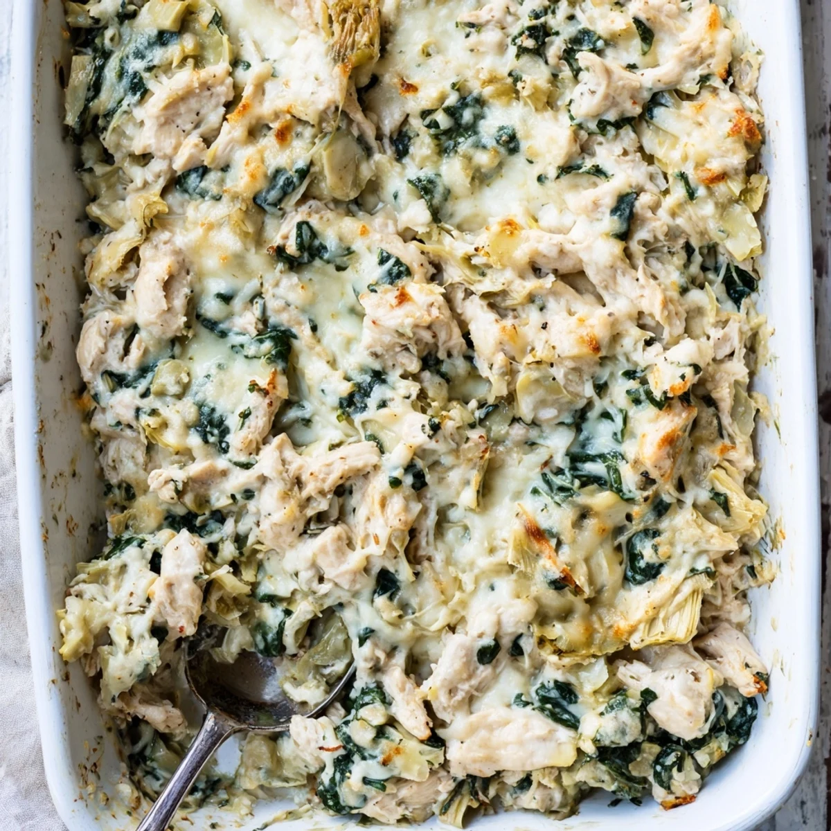 Creamy baked Spinach Artichoke Chicken Casserole served in a white ceramic dish