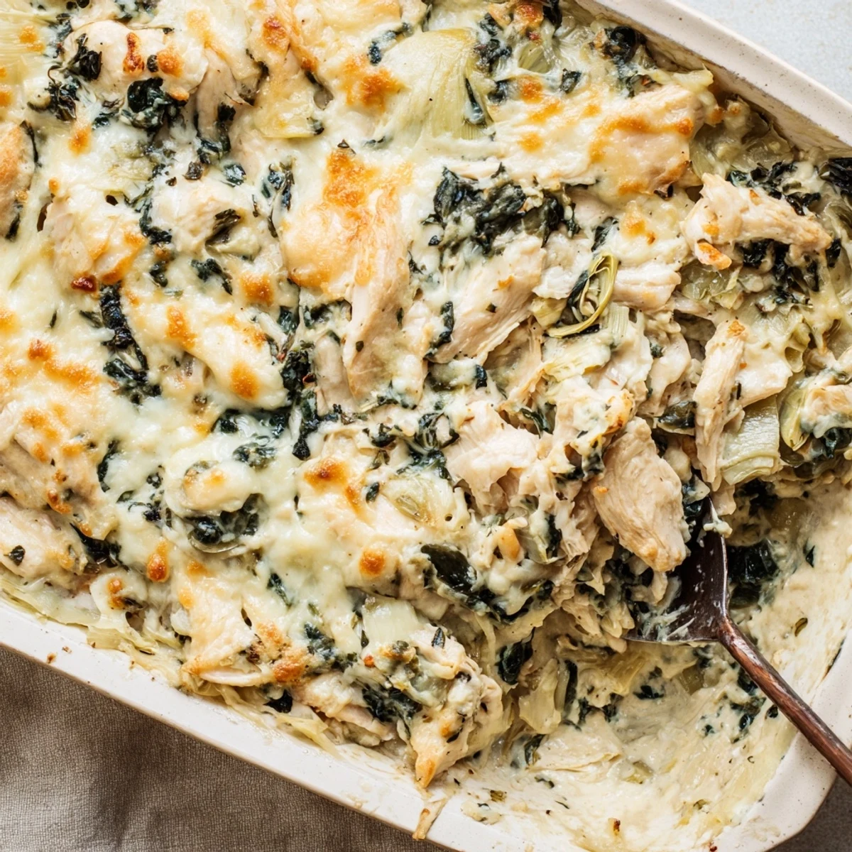 Spoonful of tender Spinach Artichoke Chicken Casserole with cheesy sauce and golden topping