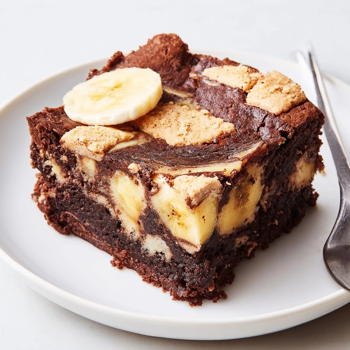 Banana Pudding Brownies with marbled banana swirls and crunchy vanilla wafer topping