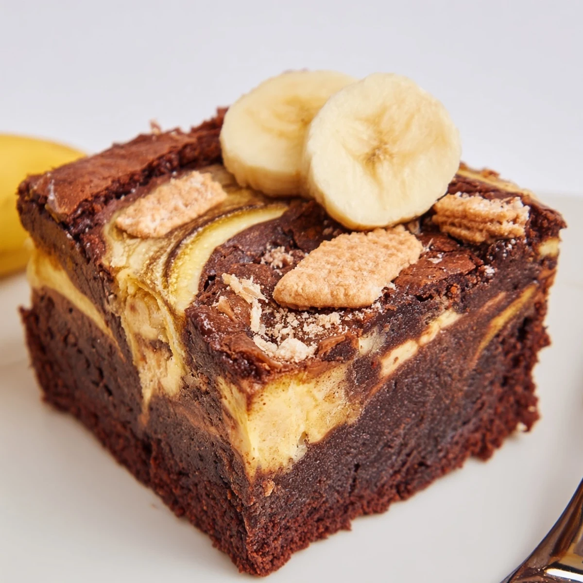 Warm Banana Pudding Brownies served with fresh banana slices and cold vanilla ice cream