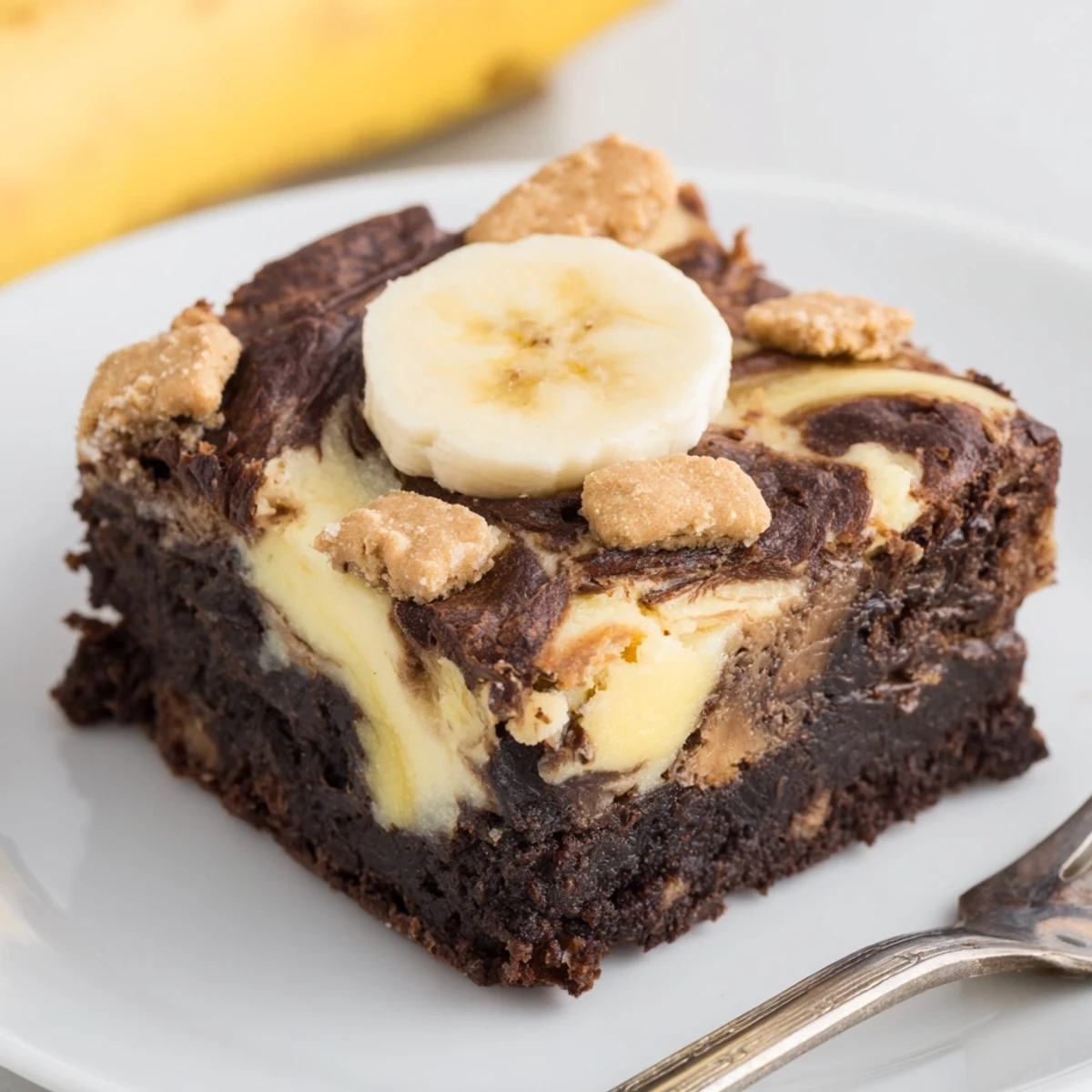 Chewy Banana Pudding Brownies cooling in pan, chocolate aroma and creamy pockets