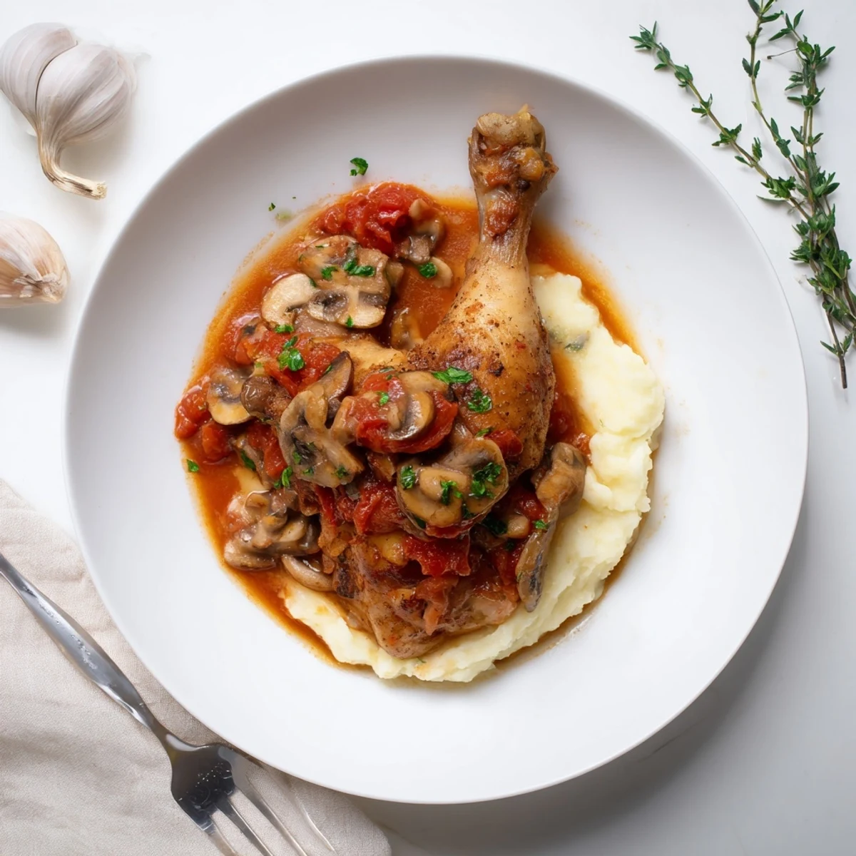 Classic French Hunters Chicken with golden seared skin in rustic tomato and mushroom sauce