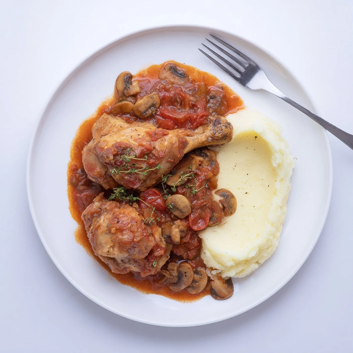 Slice of Classic French Hunters Chicken over mashed potatoes, fragrant wine and herb gravy