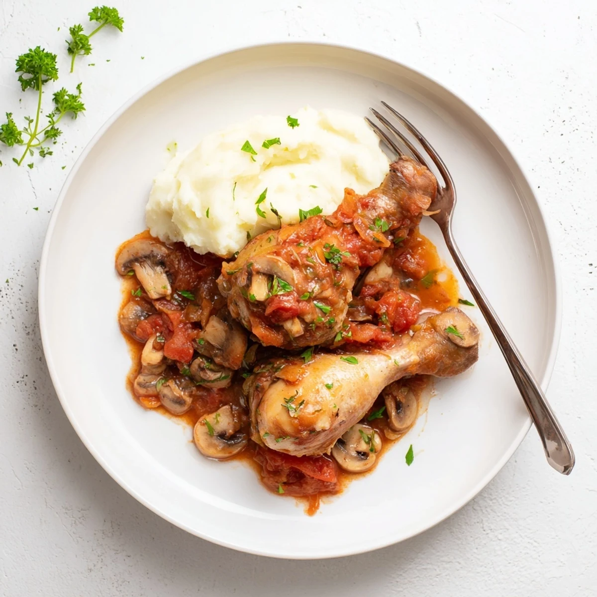 Slow simmered Classic French Hunters Chicken bubbling in aromatic sauce, parsley garnish