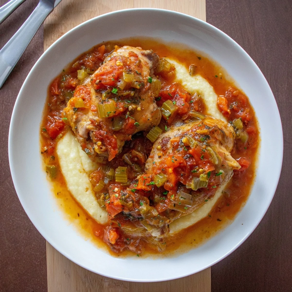Braised Chicken Thigh Osso Bucco in rich tomato and wine sauce, parsley garnish.