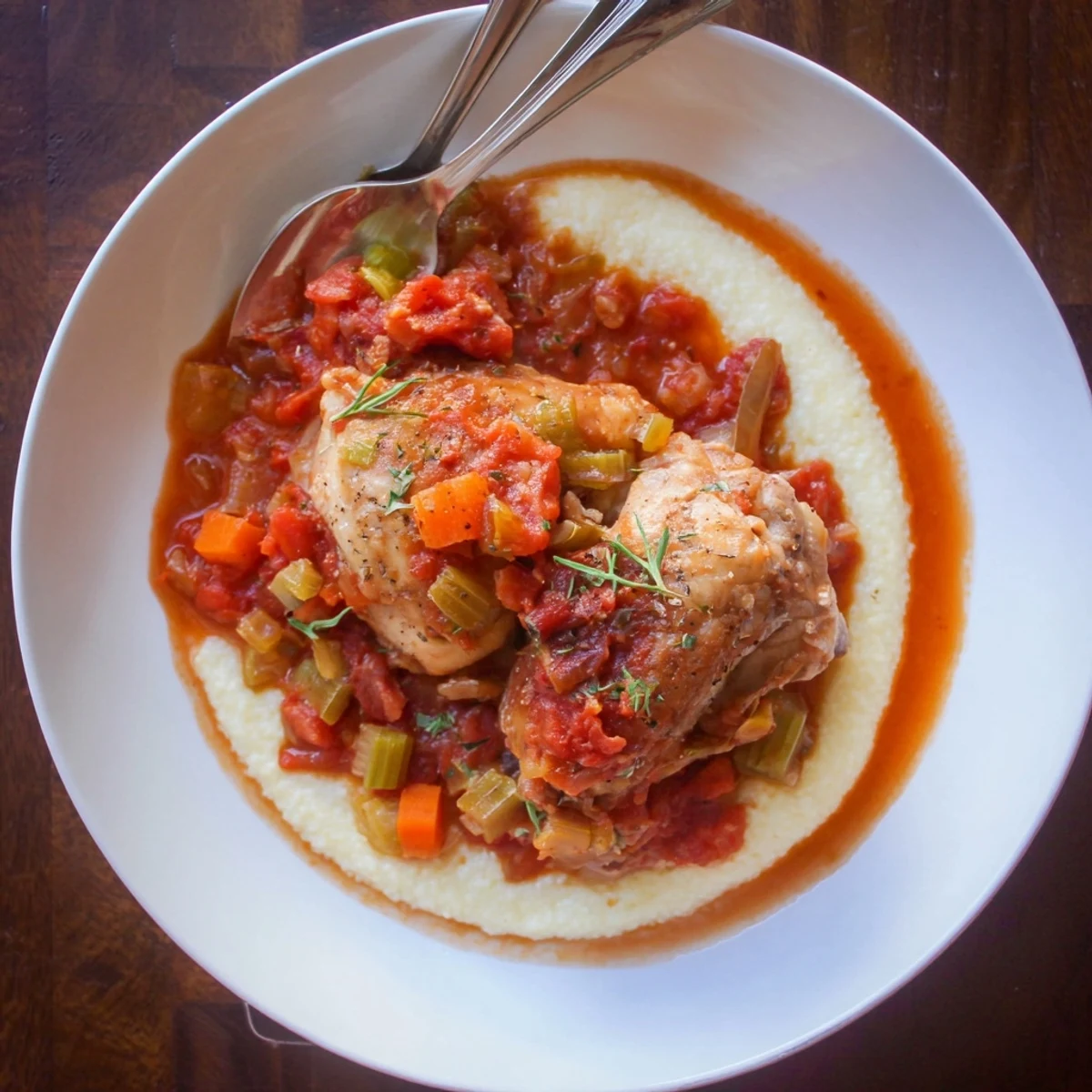 Hearty Chicken Thigh Osso Bucco served over creamy polenta, lemon zest brightening.