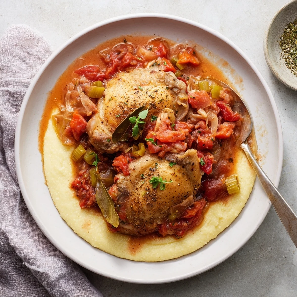 Slow-simmered Chicken Thigh Osso Bucco bubbling with carrots, celery, and garlic.