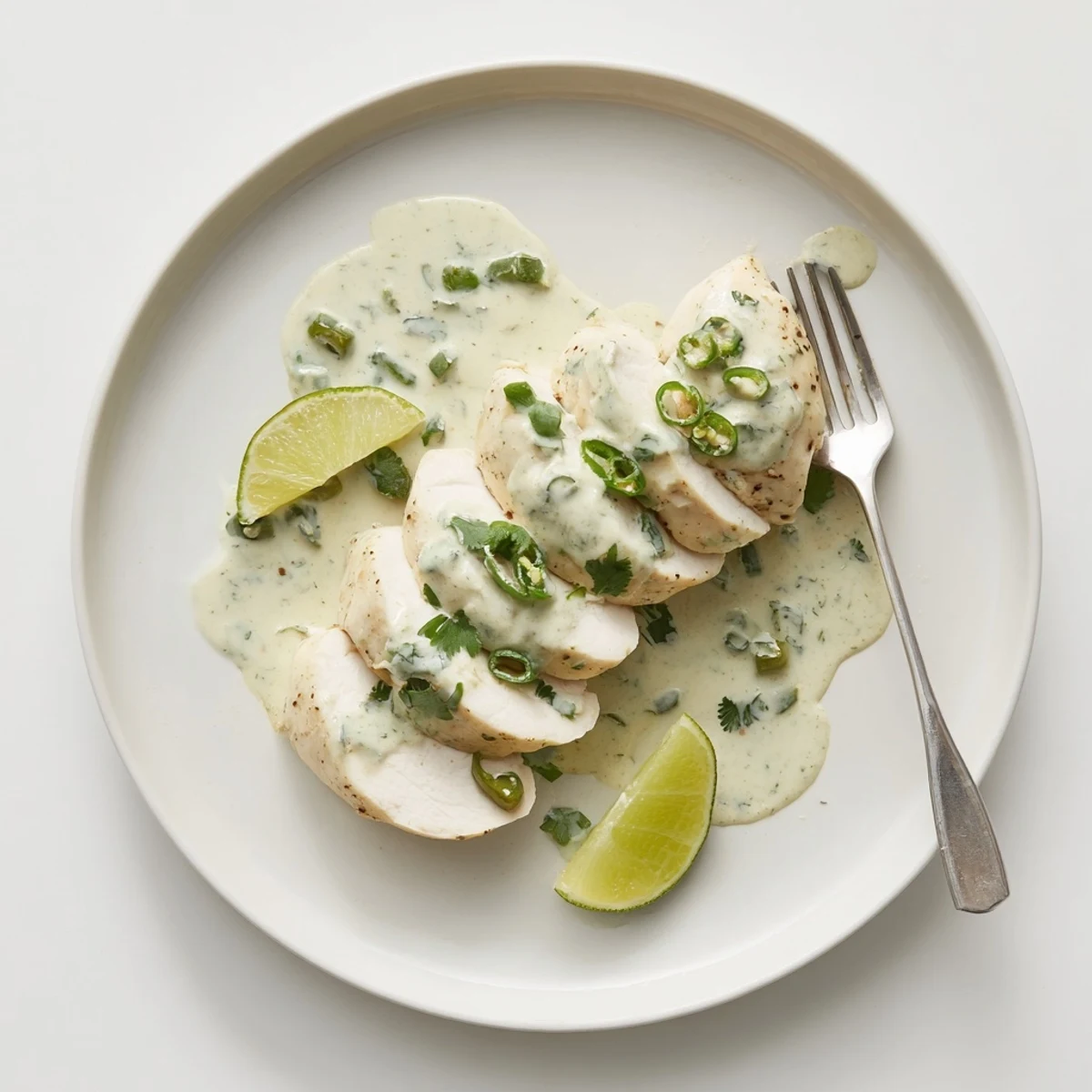 Baked Tomatillo Ranch Chicken golden, juicy slices topped with cilantro and sauce.
