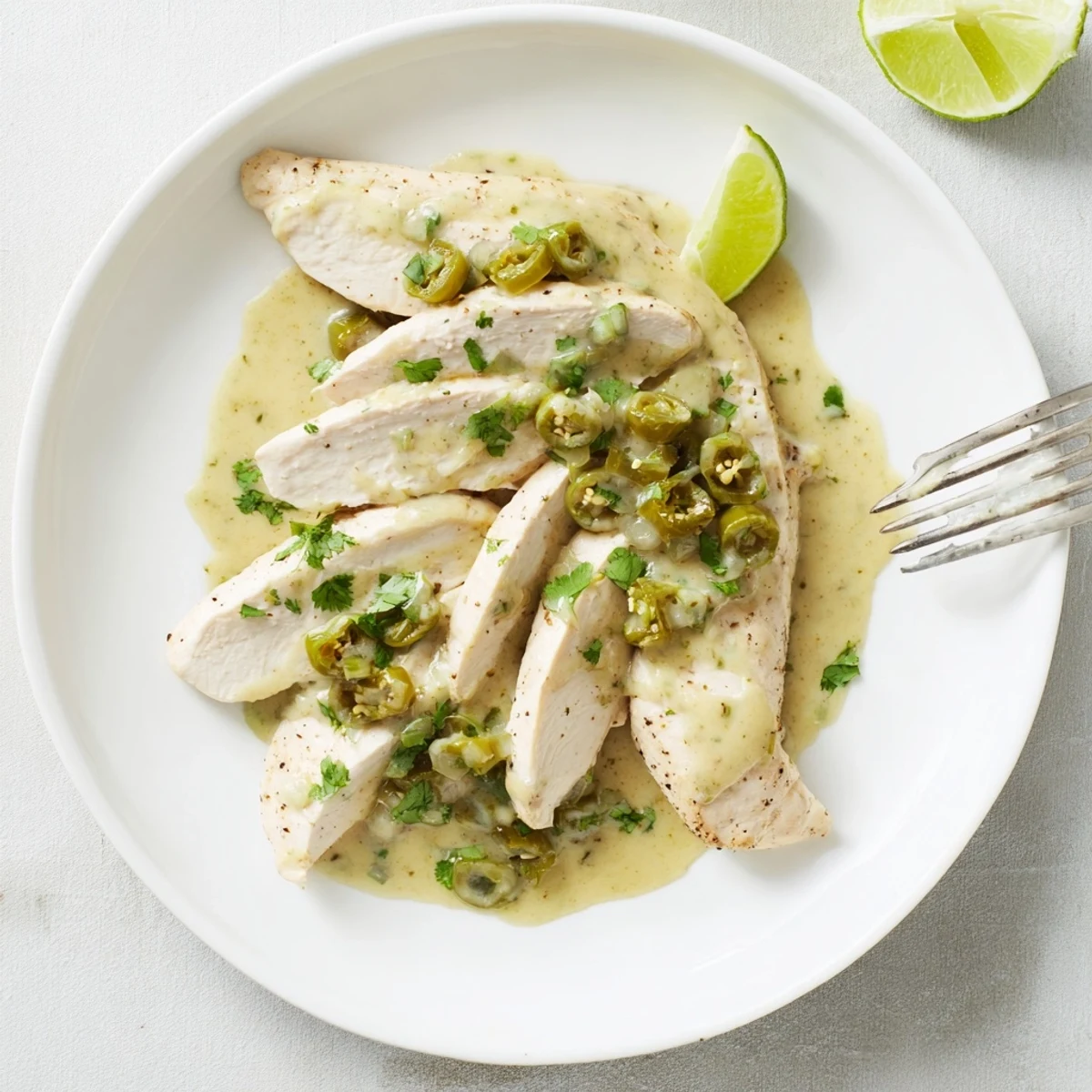 Tomatillo Ranch Chicken drizzled with reserved tangy sauce, resting before slicing.