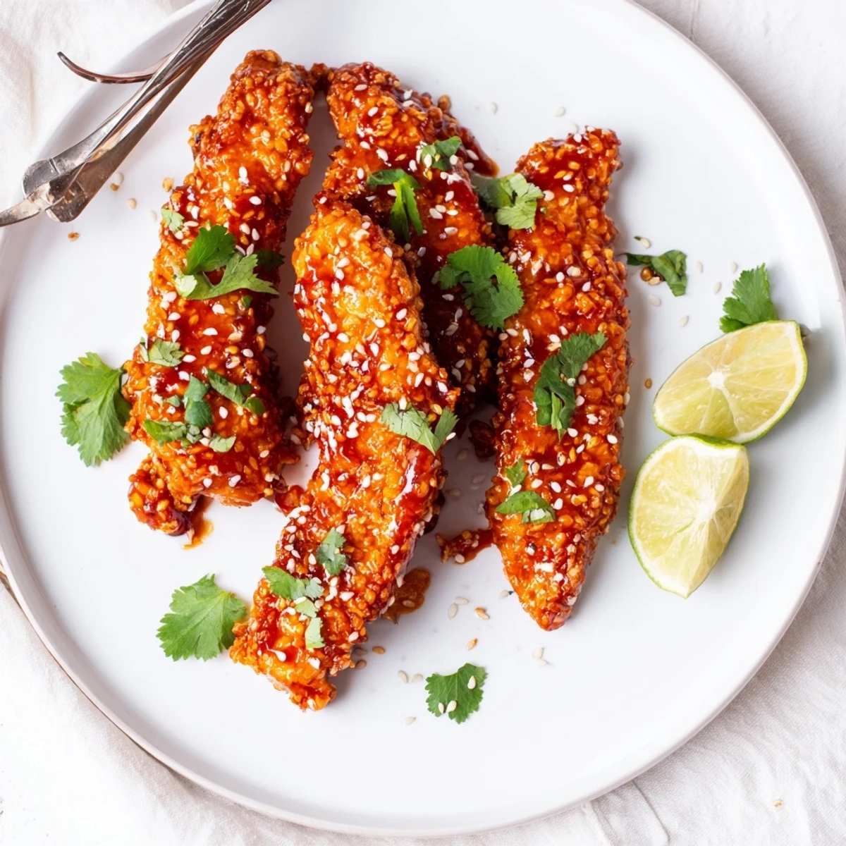 Crispy golden Thai sticky chicken fingers drizzled with sweet and spicy sauce