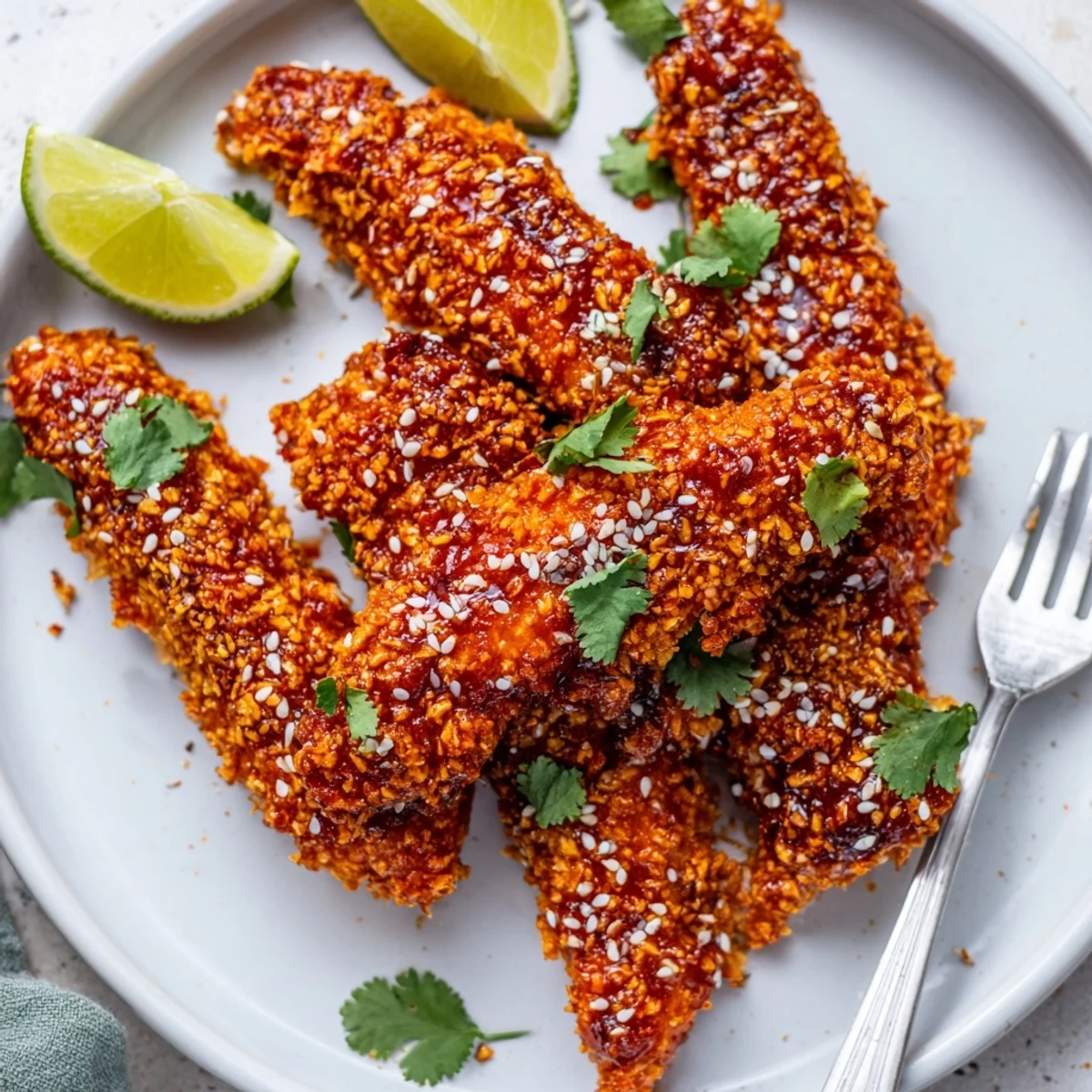 Thai sticky chicken fingers piled on a platter with sesame seeds and cilantro