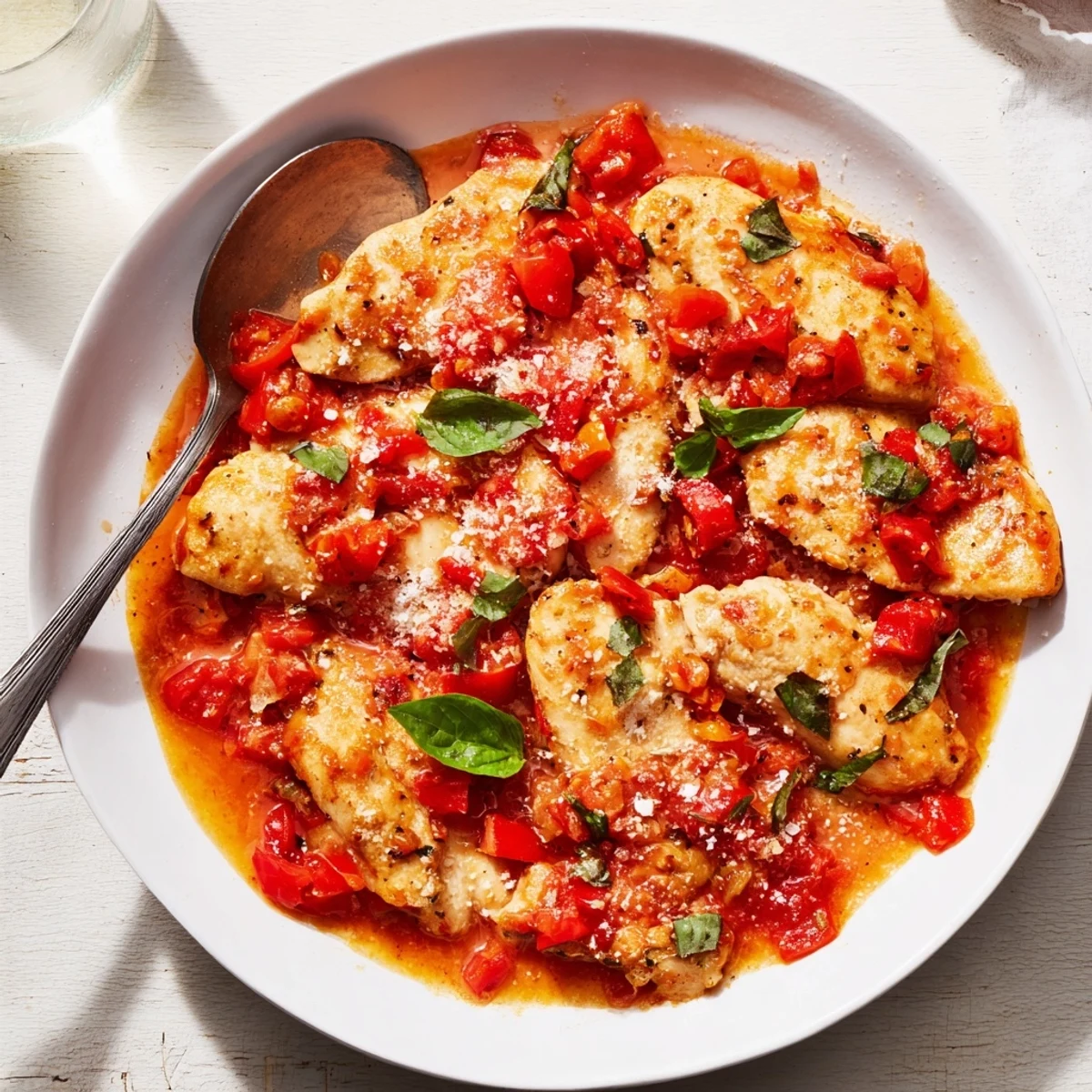 Golden seared chicken pomodoro delight simmered in rich tomato basil sauce with melted Parmesan
