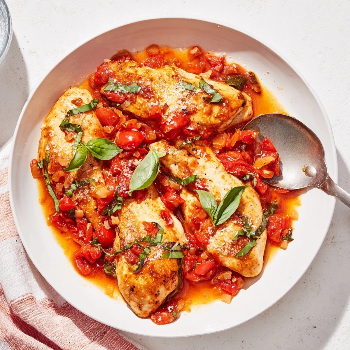 Tender chicken pomodoro delight topped with fresh basil and bubbling mozzarella cheese