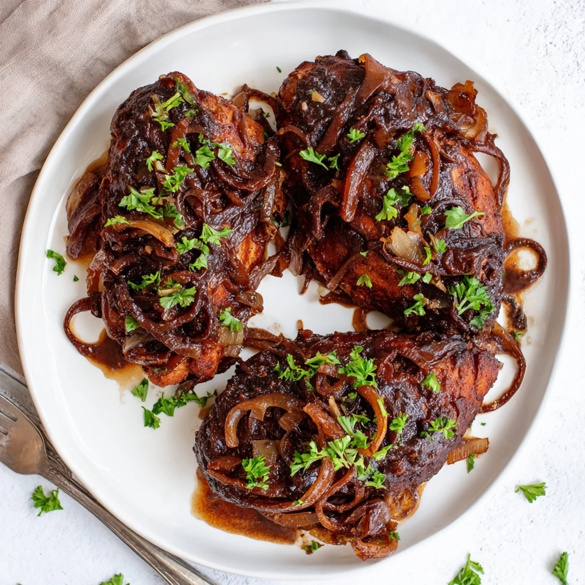 Tender slow cooker balsamic chicken plated over fluffy white rice with fresh parsley garnish