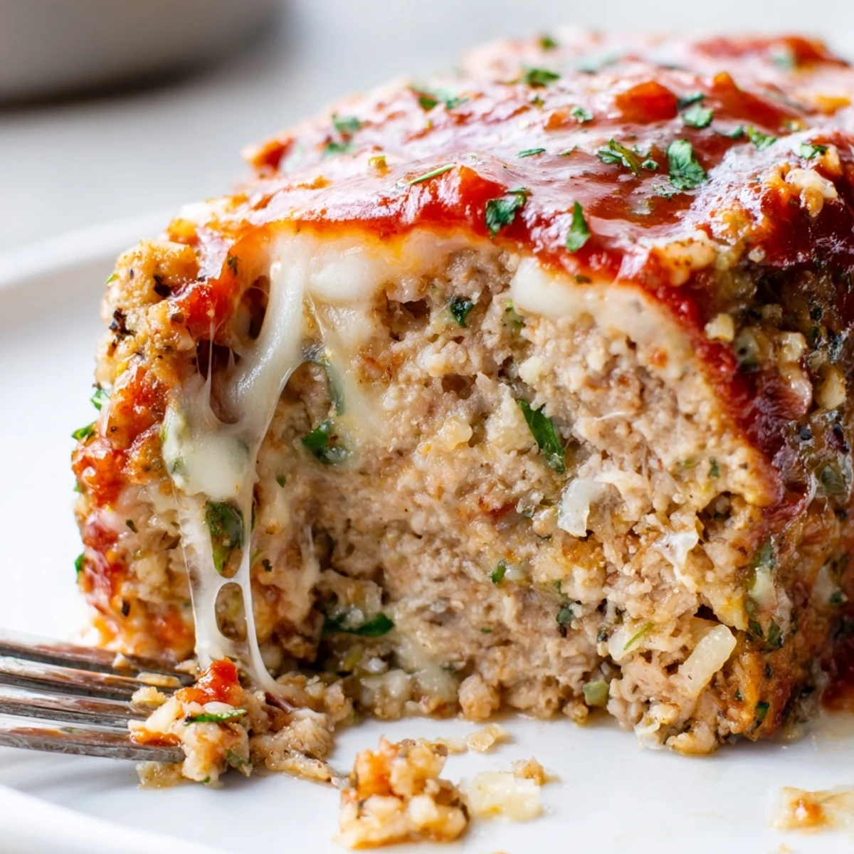 Golden Parmesan chicken meatloaf sliced thick and topped with rich marinara sauce