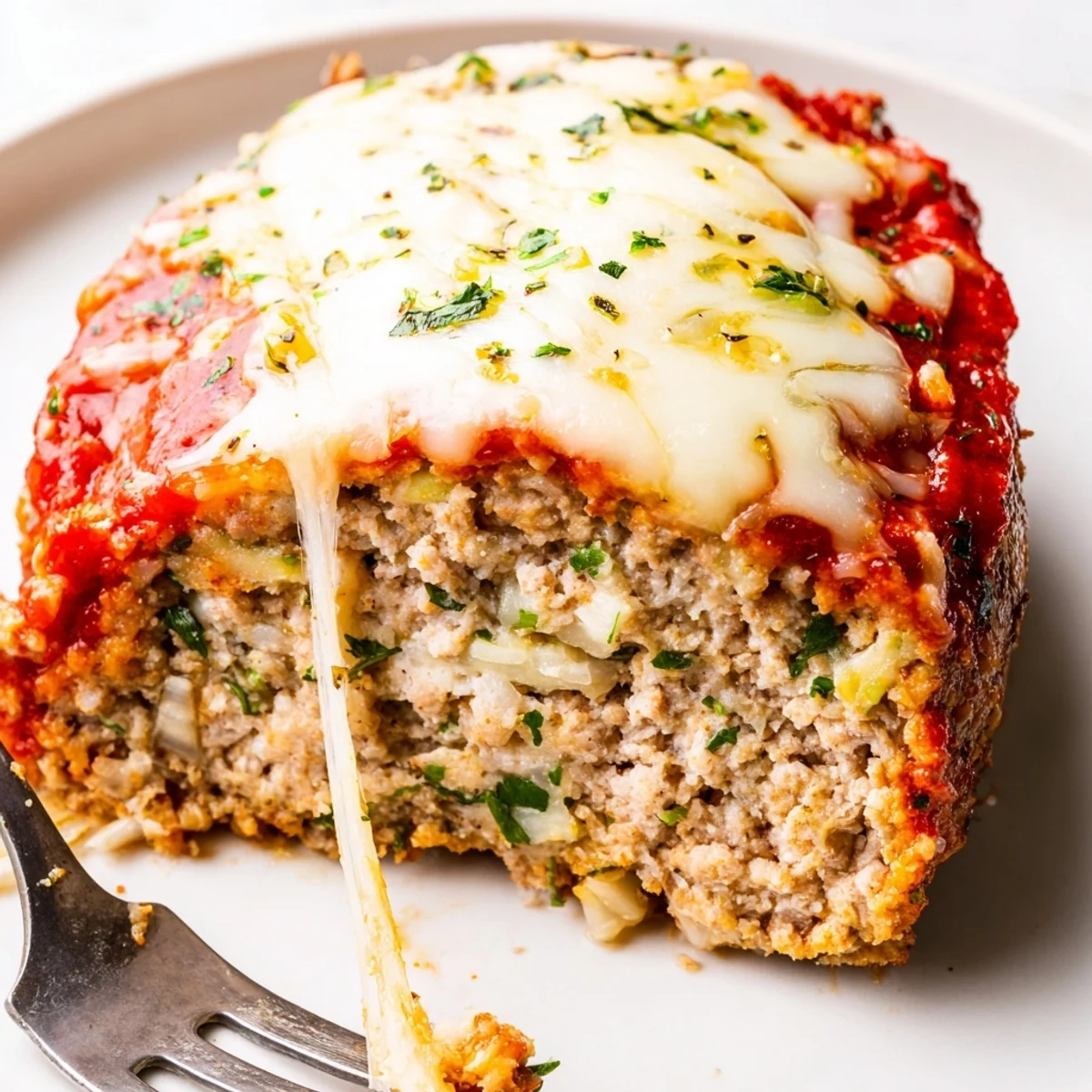 Juicy Parmesan chicken meatloaf garnished with fresh parsley on a rustic plate