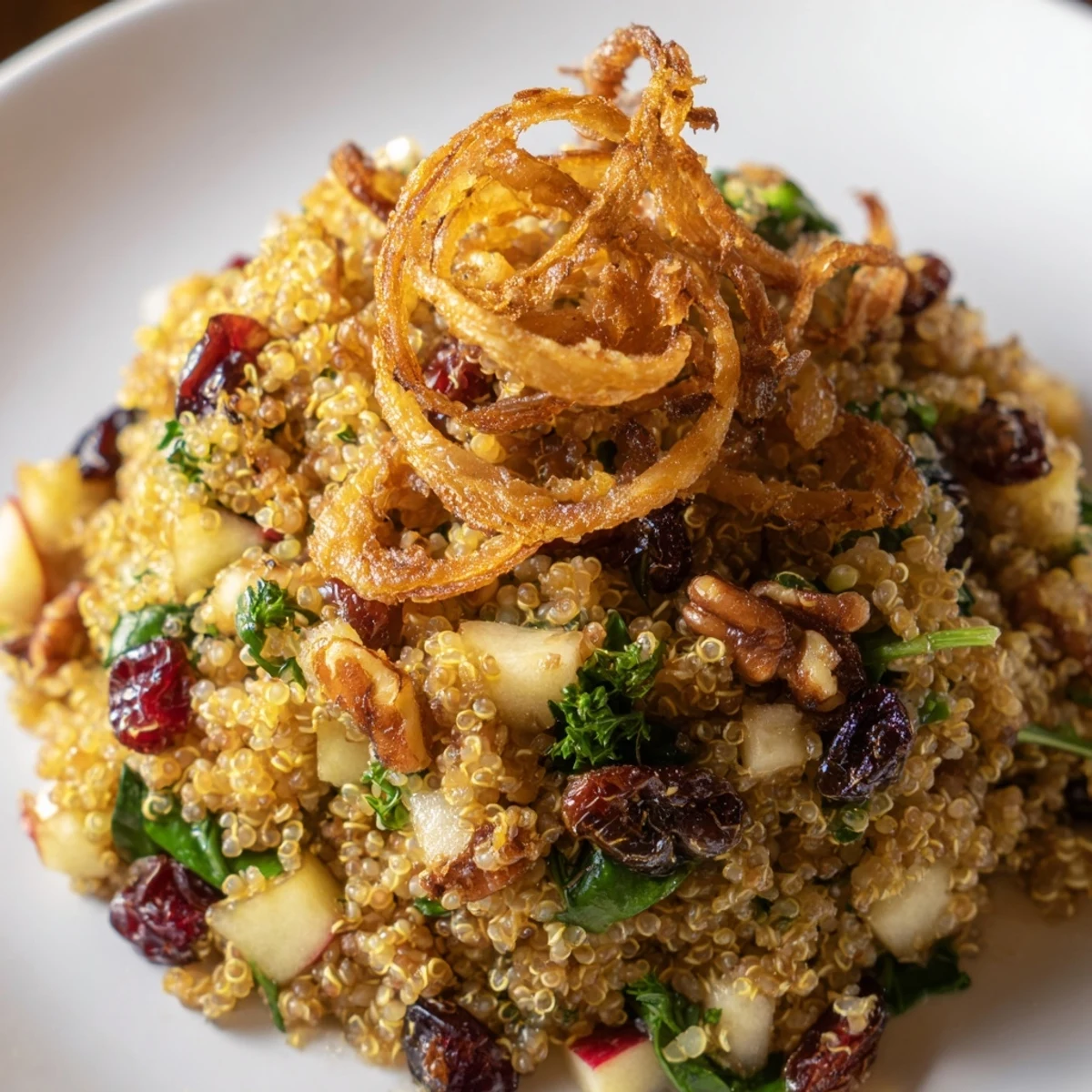 Golden crispy shallots crown a colorful honey mustard quinoa apple salad with cranberries