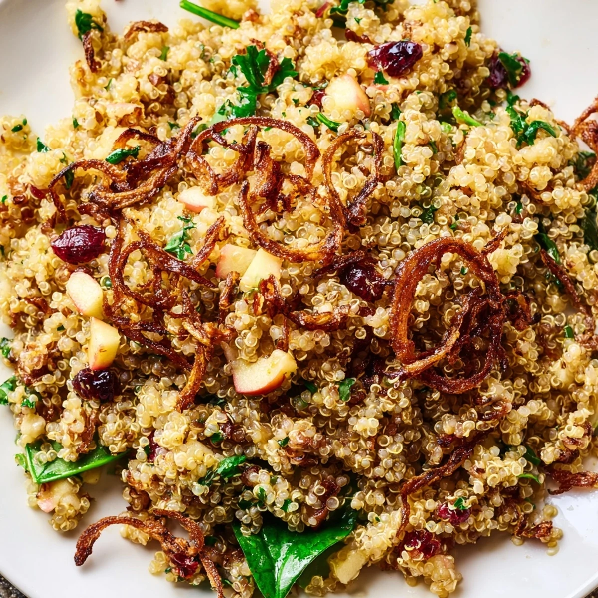 Vibrant honey mustard quinoa apple salad drizzled with dressing and topped with pecans