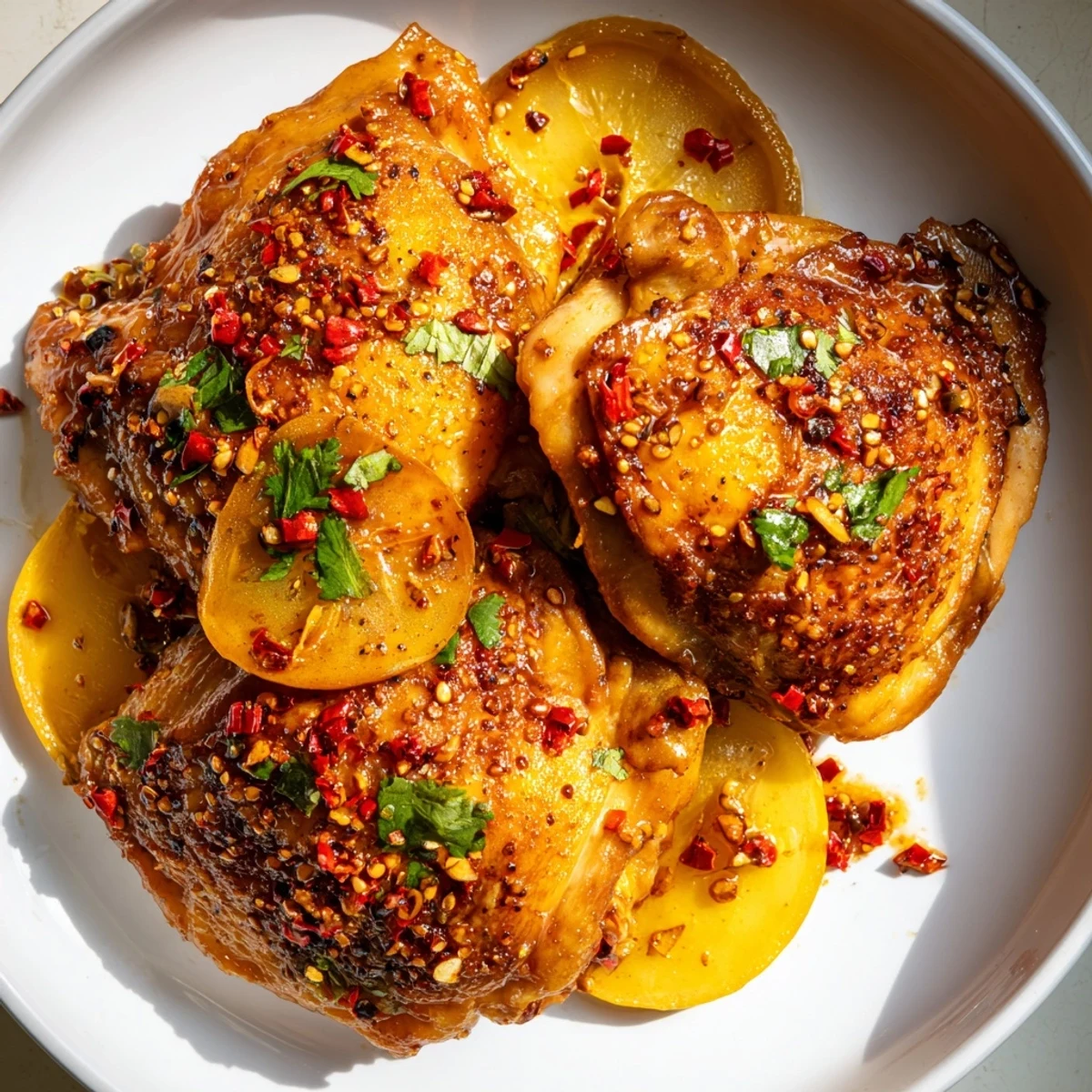 Golden Ginger Garlic Chicken Thigh Bake with crispy skin on a rustic baking dish