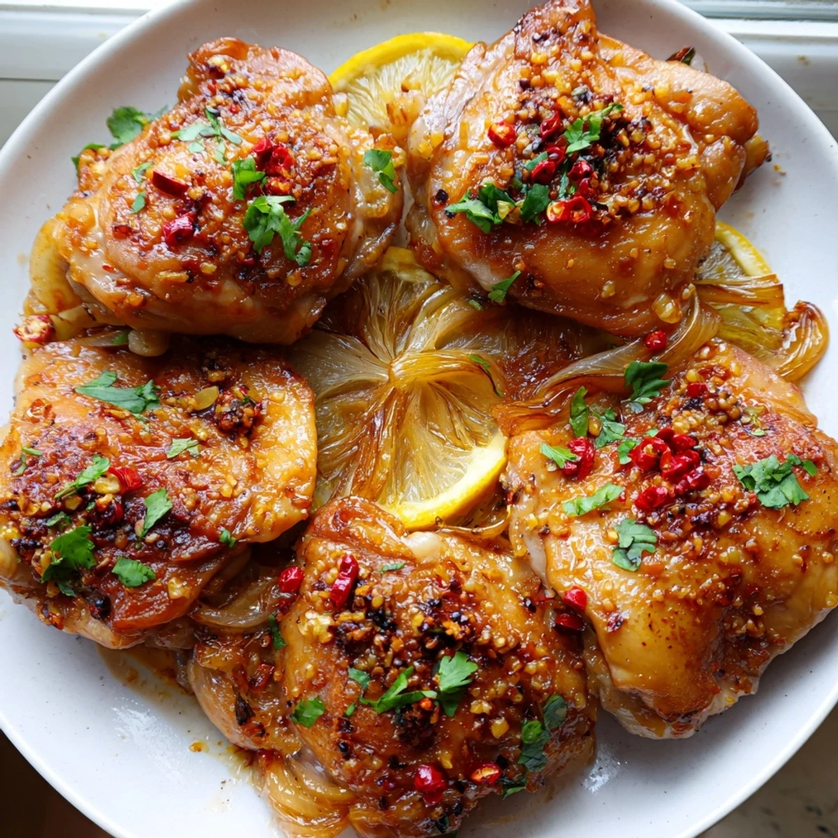 Juicy ginger garlic chicken thigh bake garnished with fresh cilantro and lemon slices