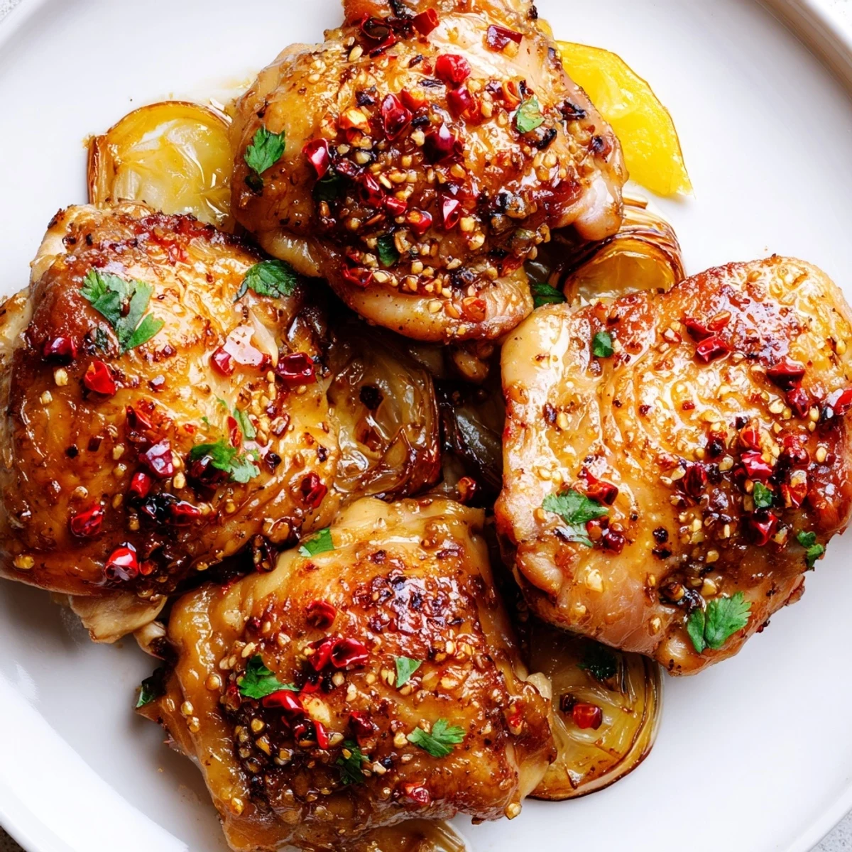 Aromatic ginger garlic chicken thigh bake served over caramelized onions with crispy golden skin