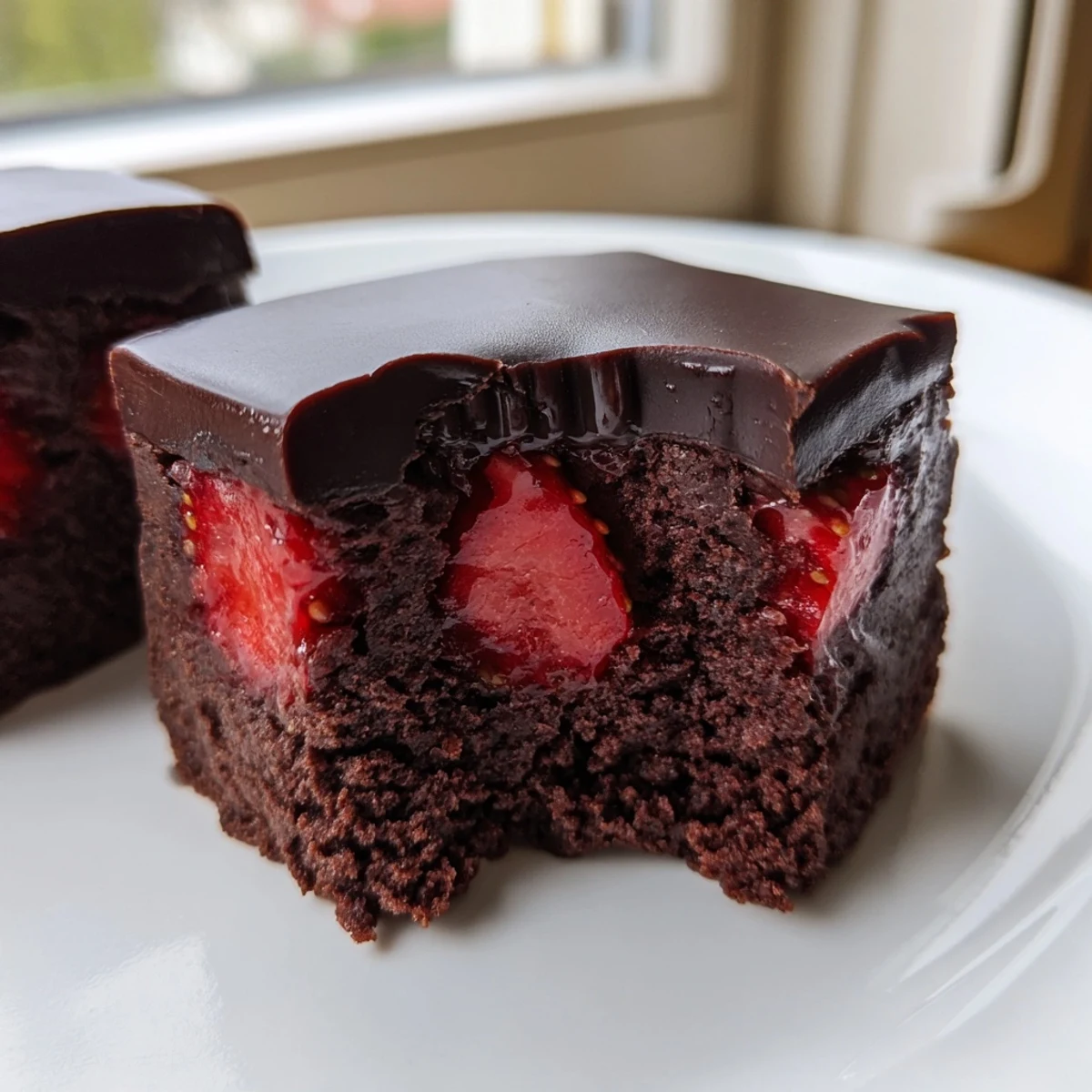 Fudgy chocolate covered strawberry brownies sliced into squares with glossy chocolate glaze