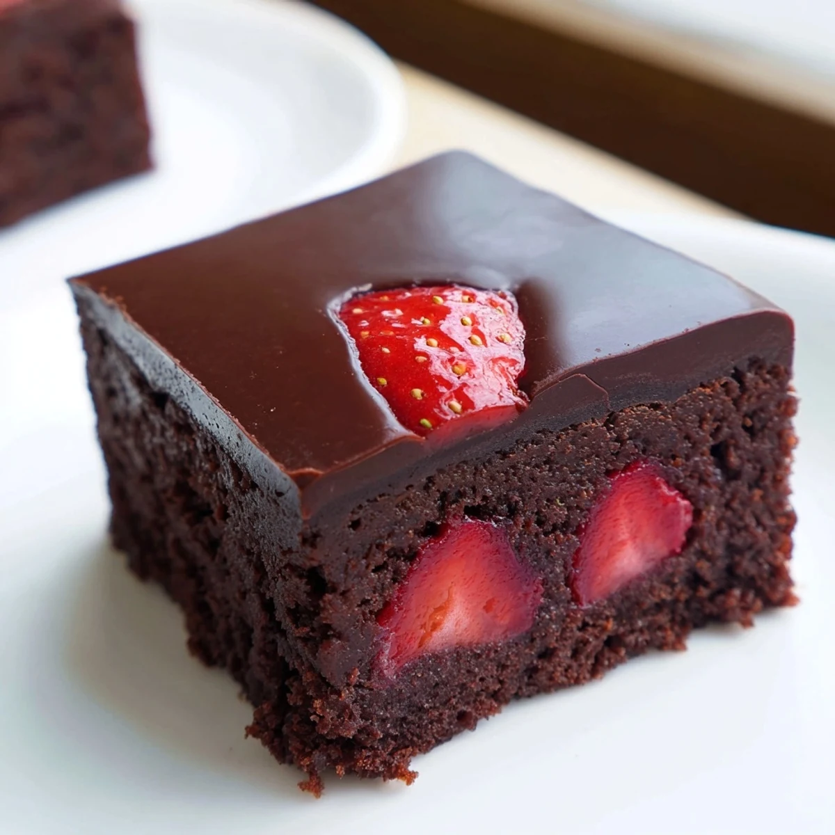 Decadent chocolate covered strawberry brownies with a shiny coating drizzled over juicy red fruit
