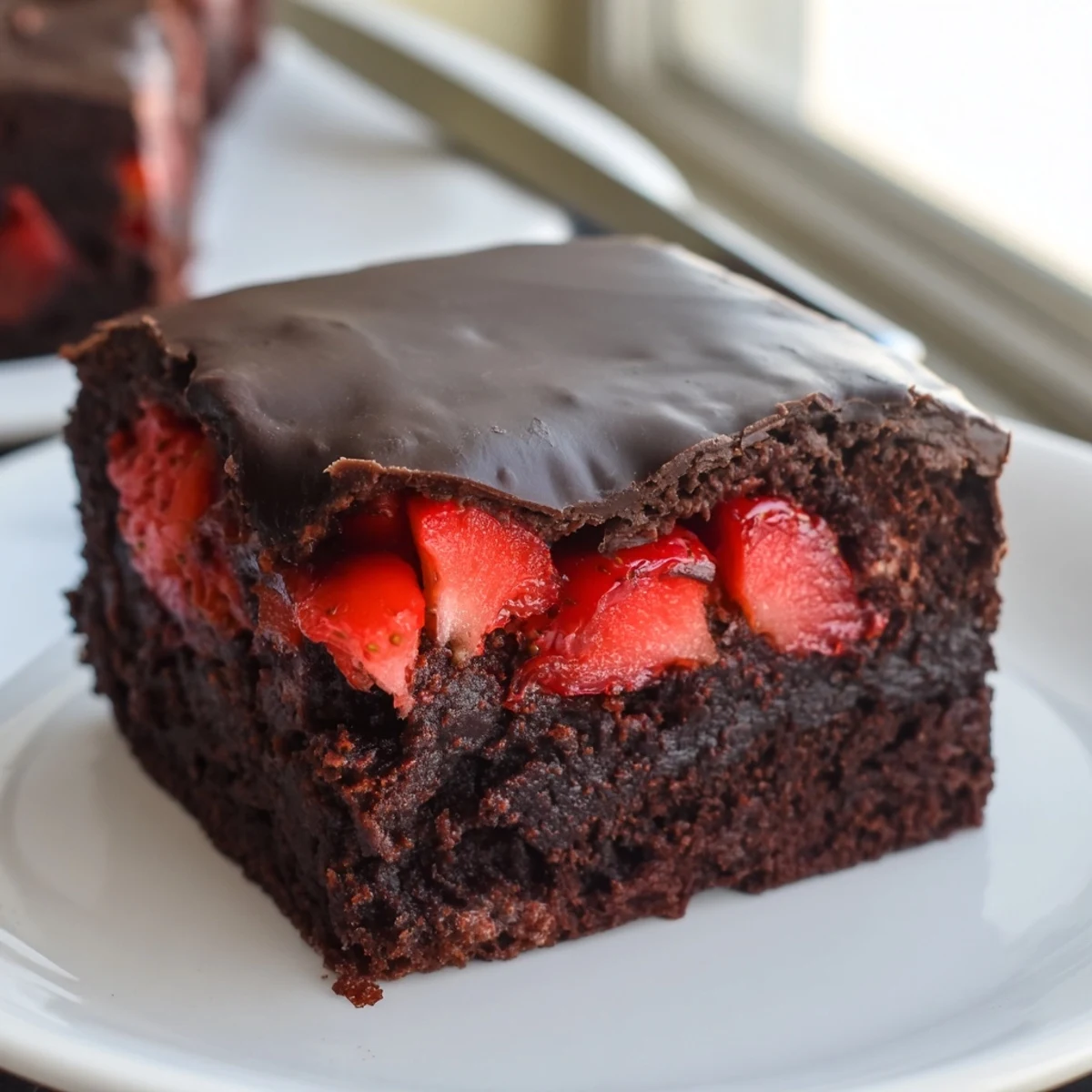 Rich chocolate covered strawberry brownies topped with fresh berries on a rustic plate