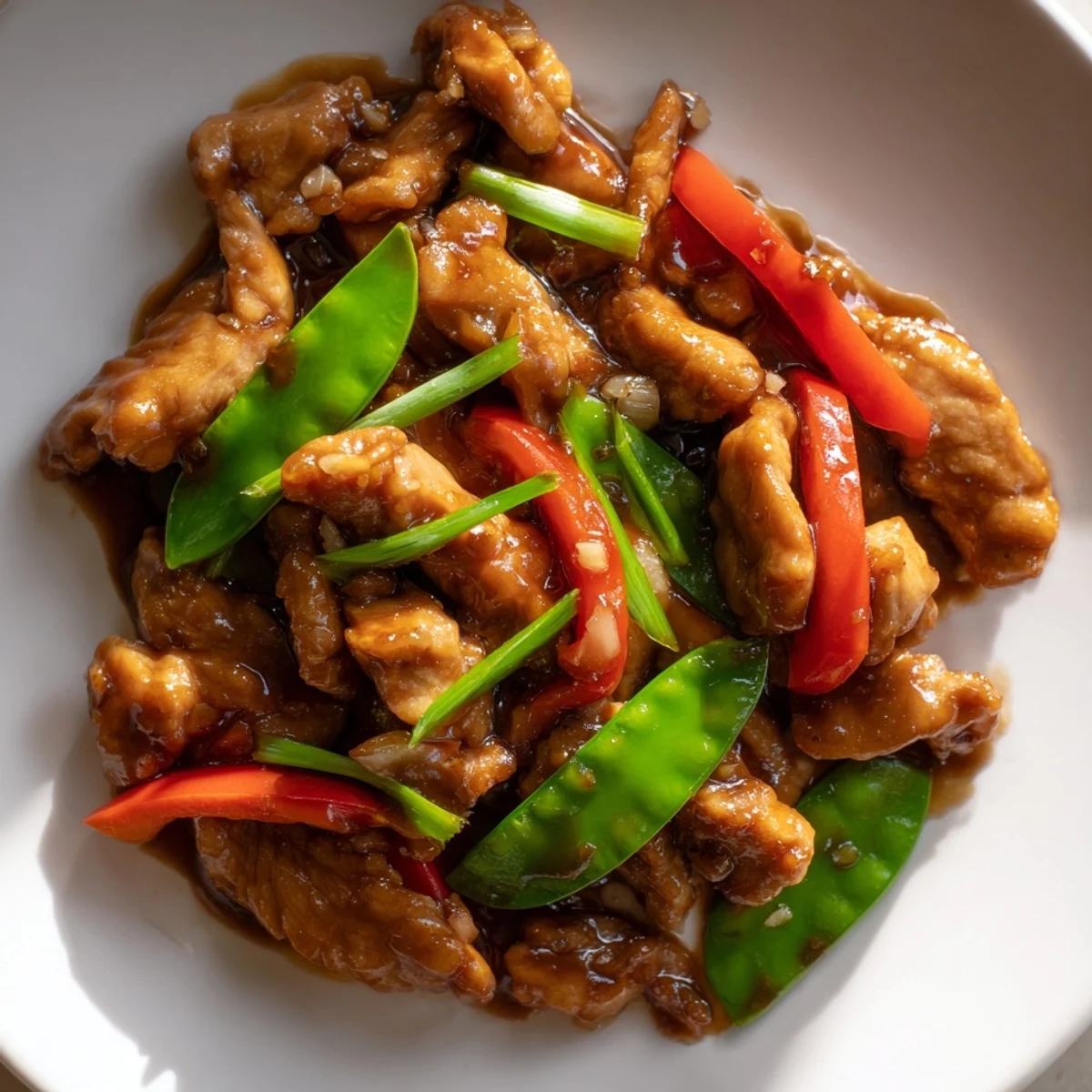 Wok-seared stir fried Chinese garlic chicken served over steamed jasmine rice with scallions