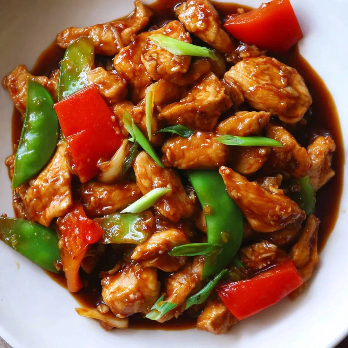 Golden stir fried Chinese garlic chicken with crisp snow peas and bell pepper