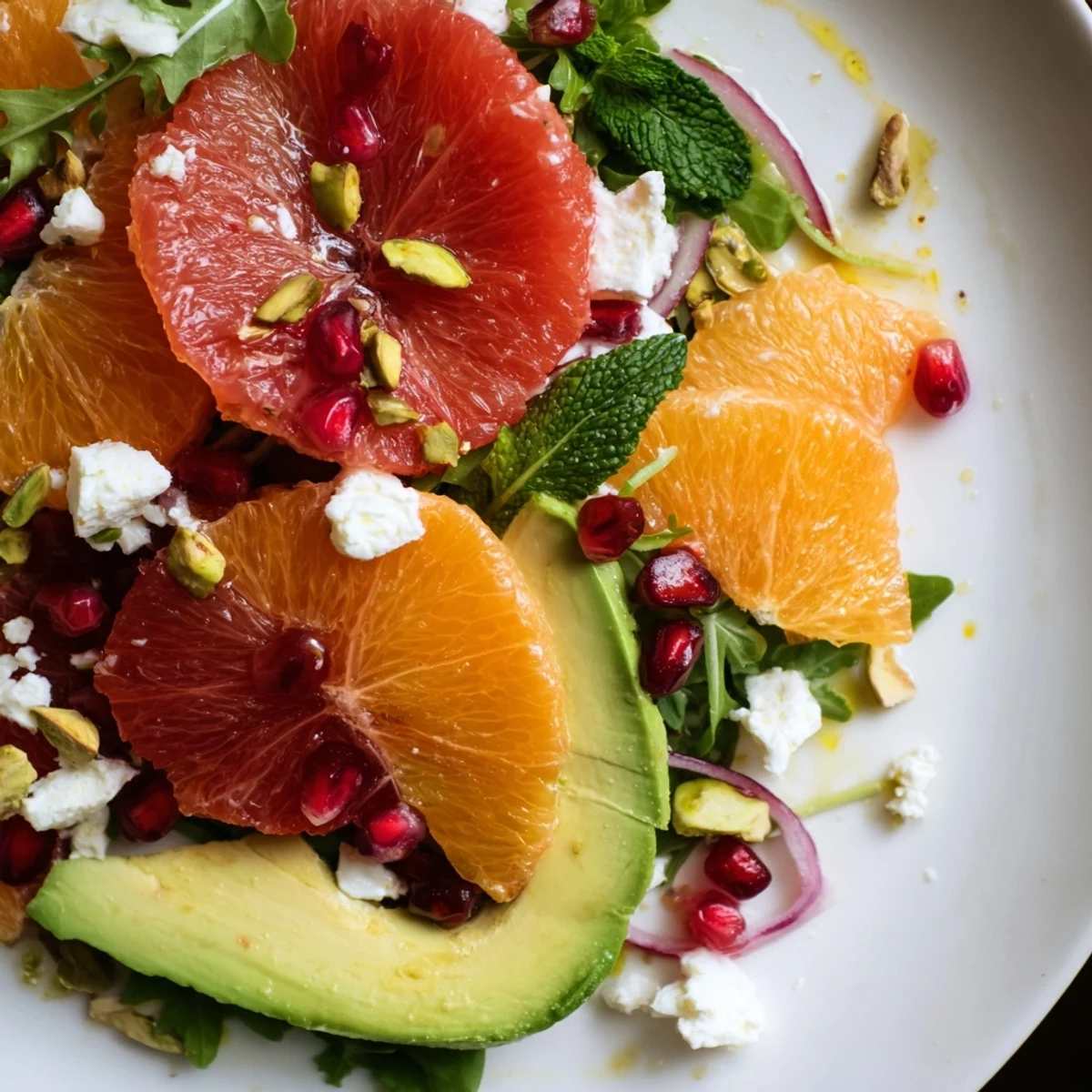 Vibrant citrus salad topped with ruby pomegranate seeds, smooth avocado, and scattered feta cheese crumbles
