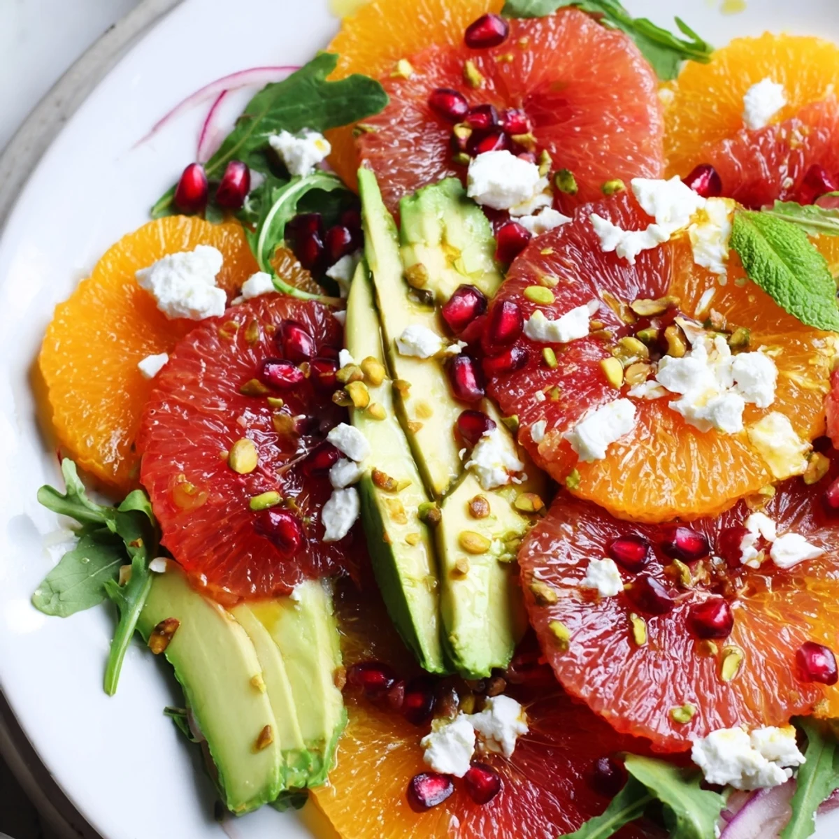 Bright citrus salad with pomegranate jewels, creamy avocado slices, and tangy crumbled feta on a platter