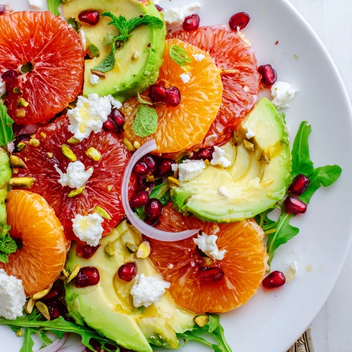 Fresh citrus salad layered over mixed greens with pomegranate jewels, avocado, and crumbled feta