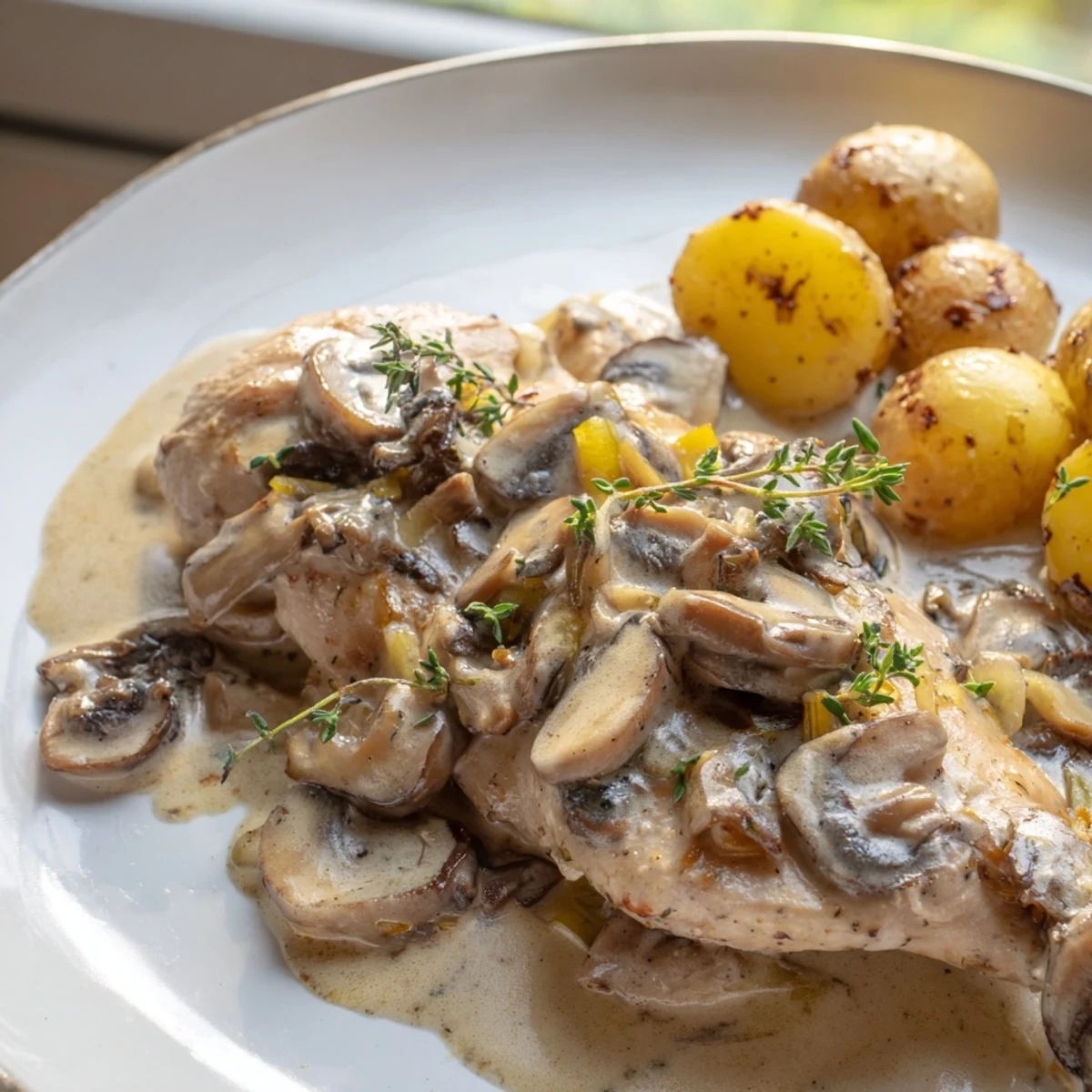 Creamy mushroom chicken with golden herb potatoes on a rustic white plate