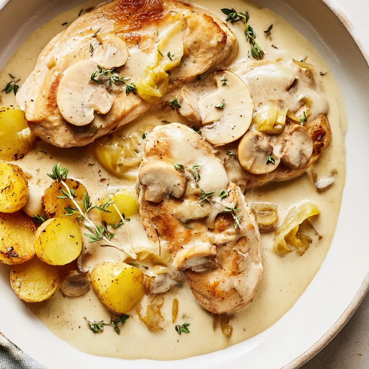 Juicy creamy mushroom chicken smothered in velvety sauce beside crispy roasted potatoes