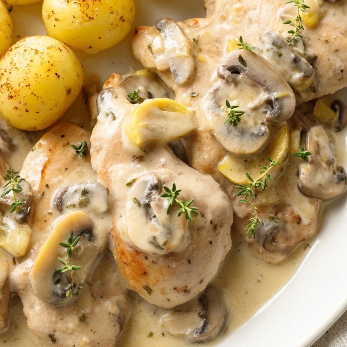 Pan-seared creamy mushroom chicken topped with fresh thyme and served with crispy potatoes