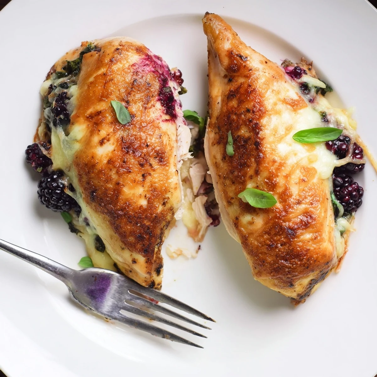 Golden baked blackberry jalapeno stuffed chicken with melted mozzarella on a rustic baking dish