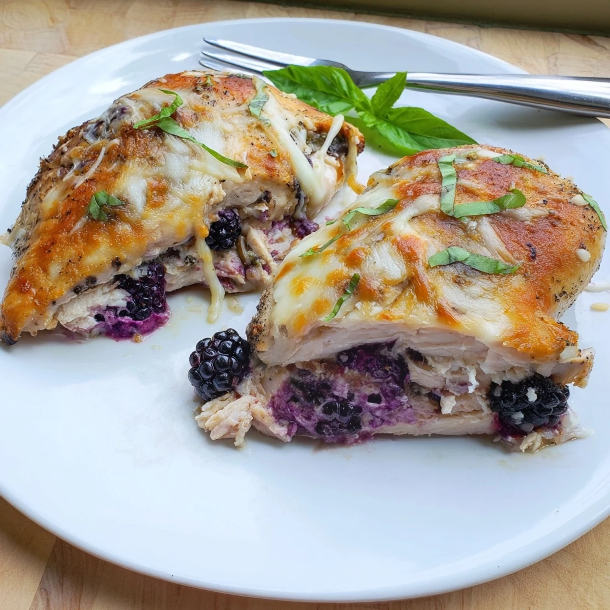 Creamy goat cheese and blackberry jalapeno stuffed chicken bubbling hot fresh from the oven