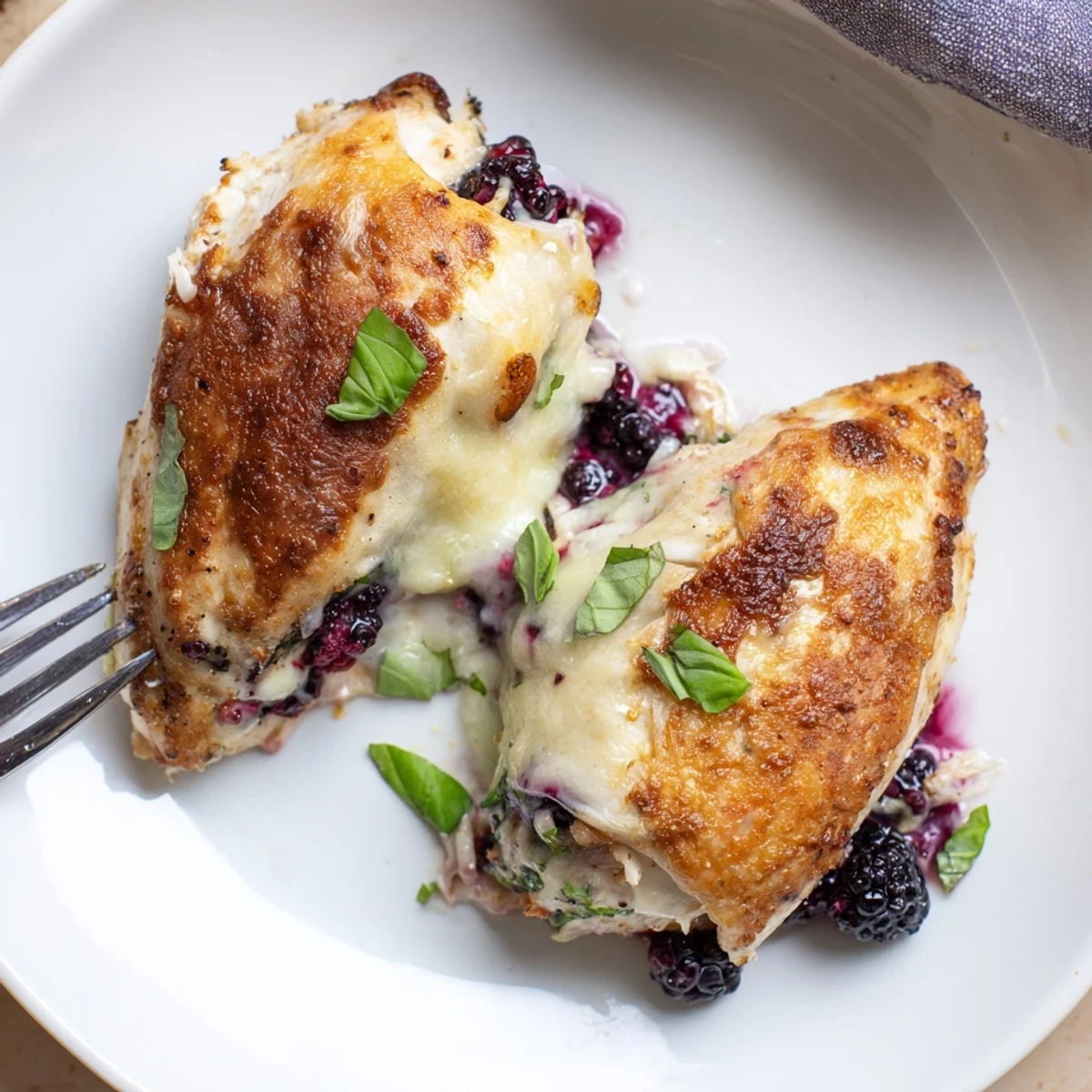 Juicy blackberry jalapeno stuffed chicken sliced open revealing vibrant purple berry and cheese filling